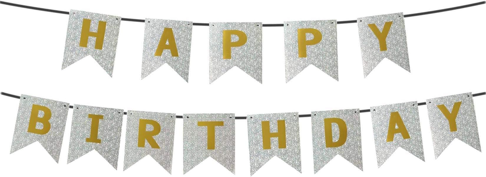 Silver Happy Birthday Banner,Happy Birthday Bunting Banner for Party Decorations