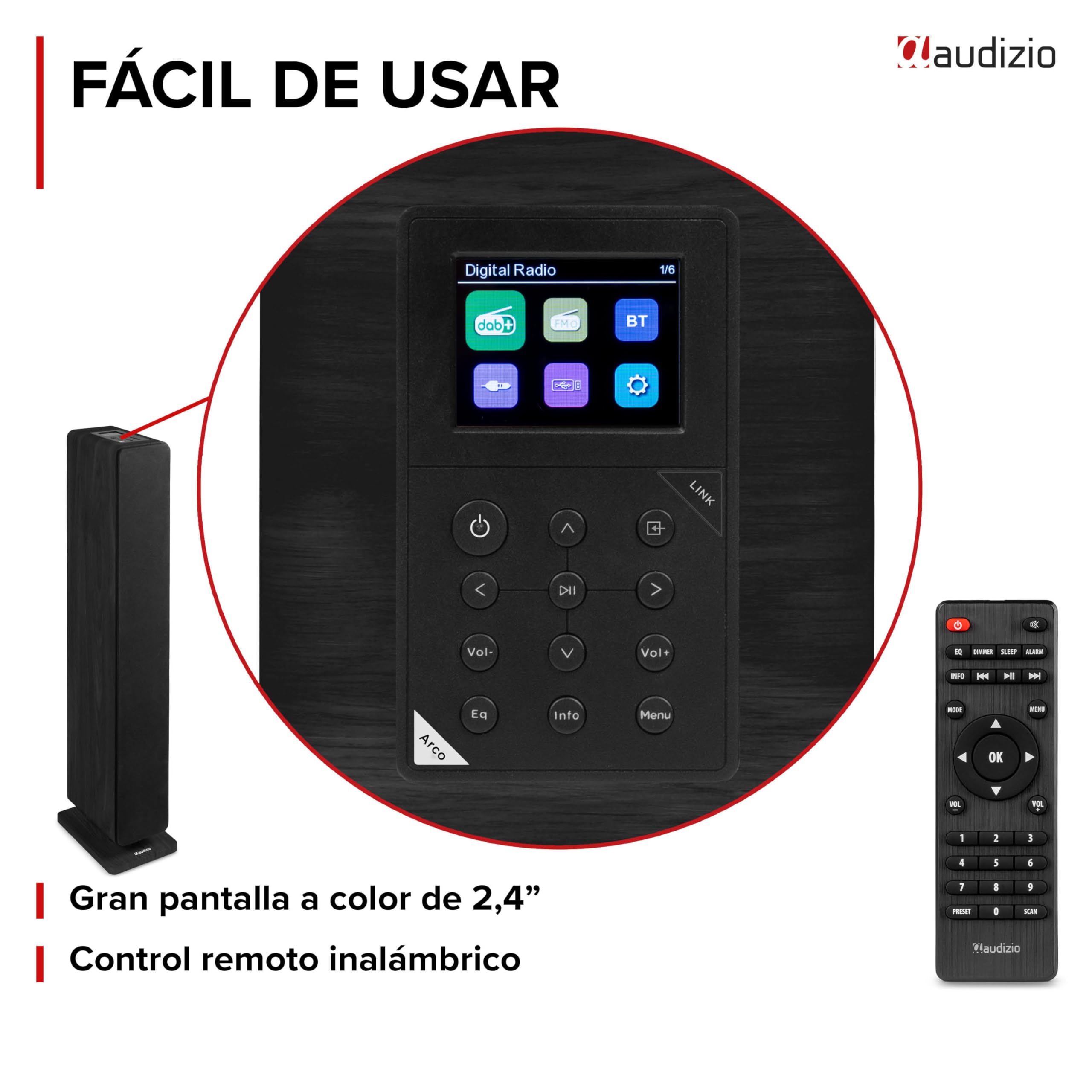 Audizio Arco – Pack 2 Altavoces Activos 320W con Radio Dab+, Radio Digital y Radio FM, Altavoz Bluetooth Potente, Altavoz USB, Entrada optica para Equipo Sonido TV Home Cinema, Color Negro