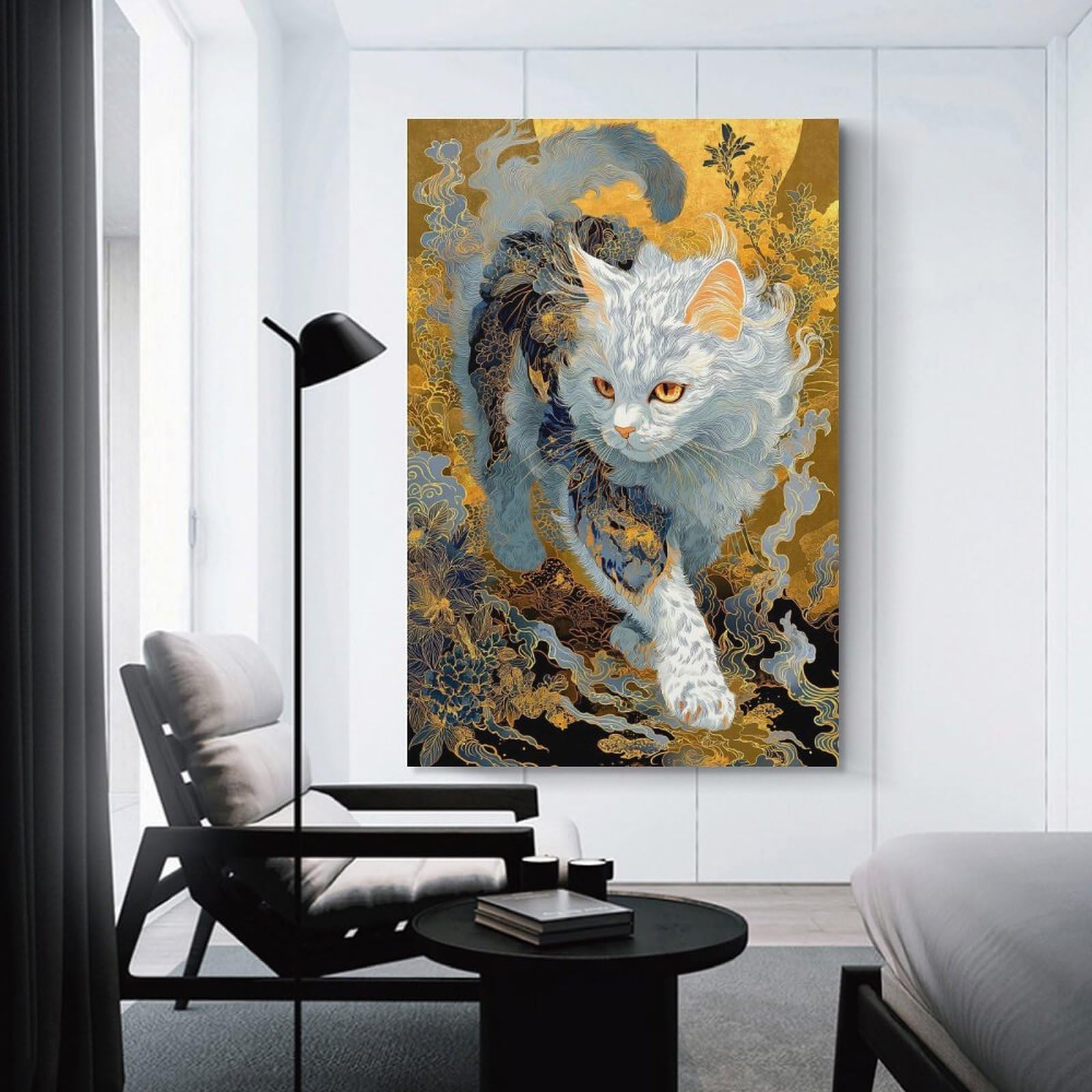 Junmoney Room Decor Wall Art Elegant Cat Art with Floral Accents, 24x36inch(60x90cm), for Home Office, Desk Area Or Studio, An Interior Accent for Desk Areas
