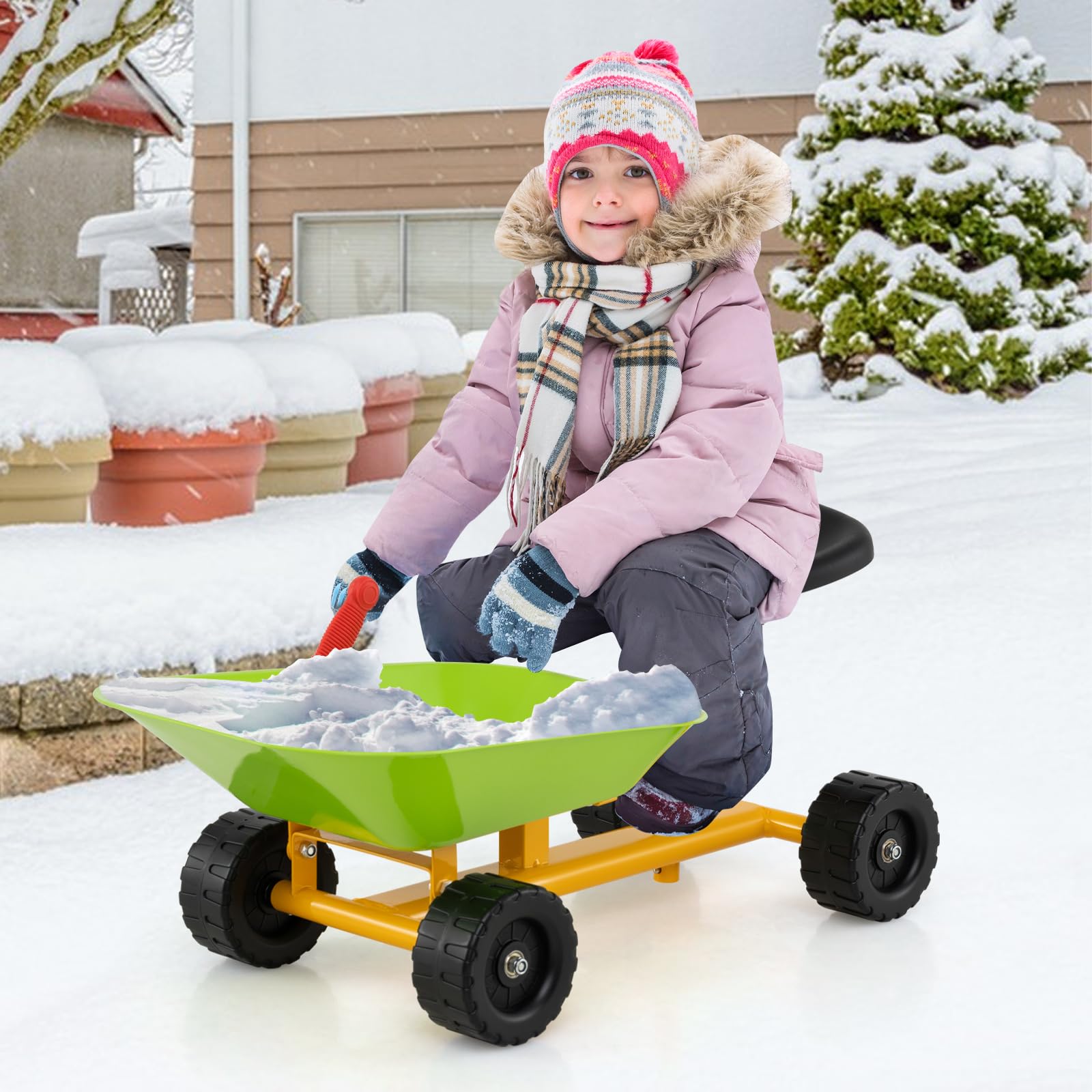 Costzon Kids Ride-on Sand Dumper, Children Outdoor Sandbox Toy w/Ergonomic Handle & 4 Wheels, Heavy Duty Steel Digging Metal Garden Play Tool for Boys Girls, Kids Wheelbarrow (Light Green)