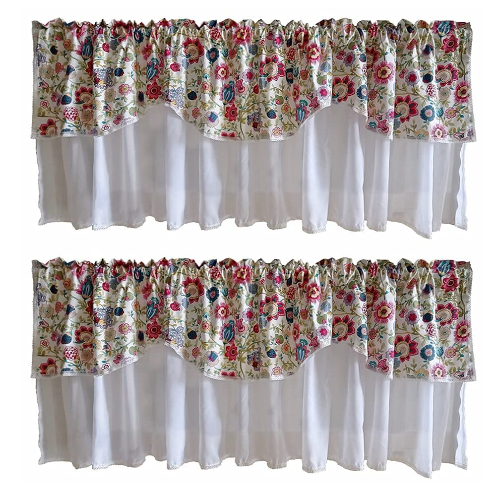 Rideau court pour cuisine en coton floral style pastoral blanc lot de 2