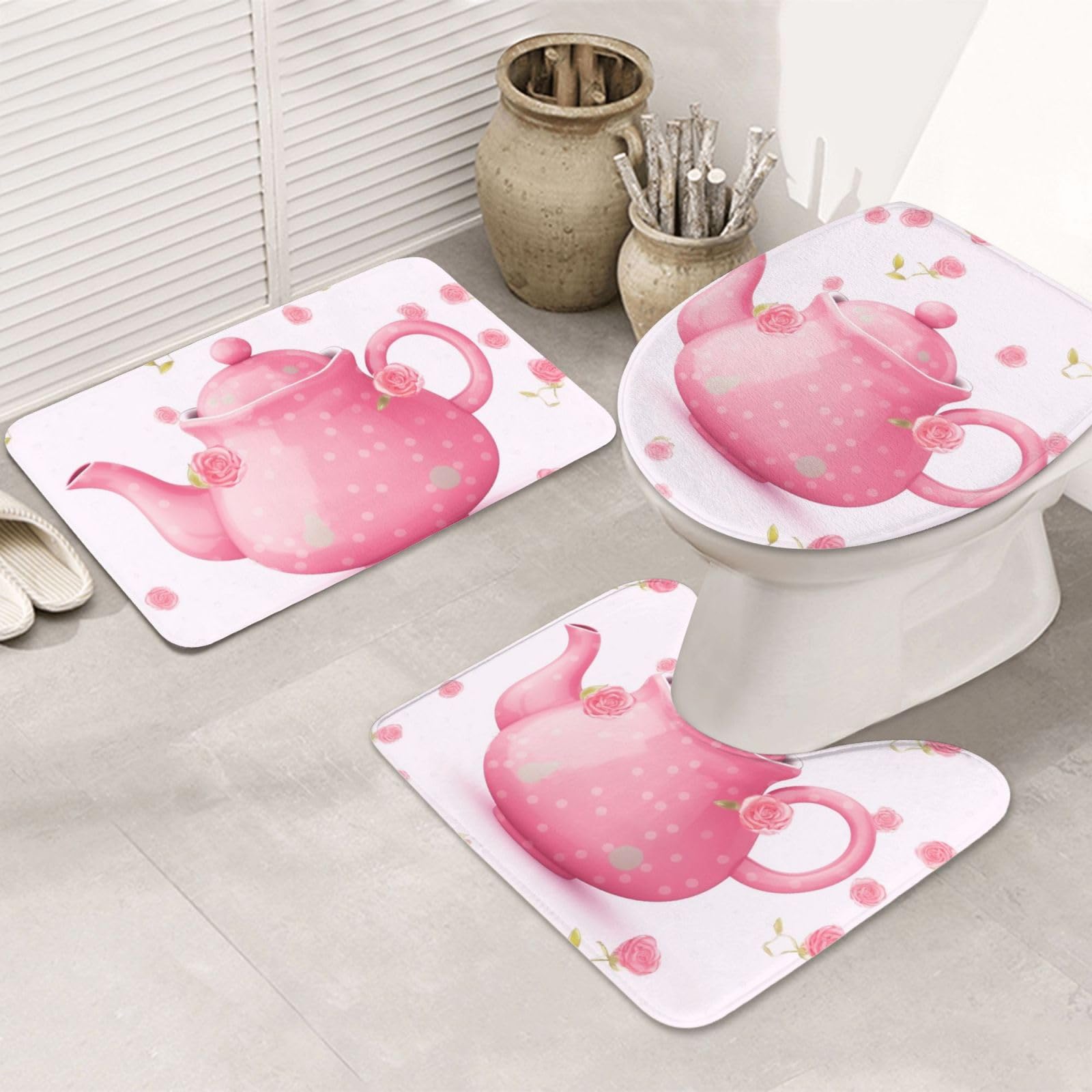 Tapis de salle de bain lot de 3 avec contour WC et housse abattant motif théière rose