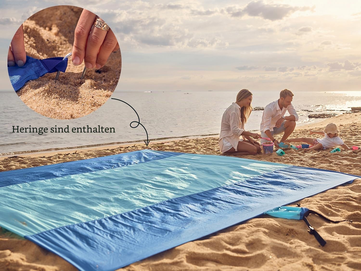 WEKAPO Sandfreie Stranddecke, extra groß, 2,4 x 2,9 m, für 7 Erwachsene, Strandmatte, groß und kompakt, sanddicht, schnell trocknend, leicht und langlebig, mit 6 Heringen und 4 Ecktaschen