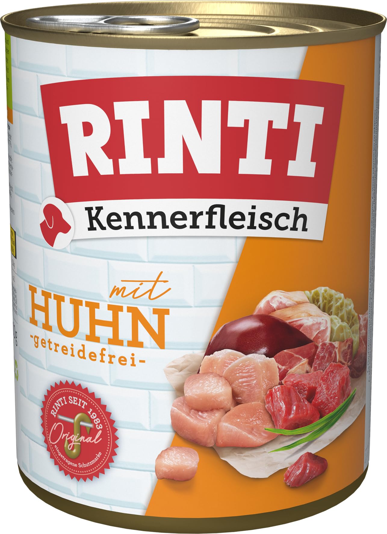 RINTI - Kennerfleisch | Nassfutter mit 70% Fleisch für ausgewachsene Hunde. Getreidefreies Alleinfutter in der Dose ohne Soja, Farb- und Konservierungsstoffe | 12x800g Huhn