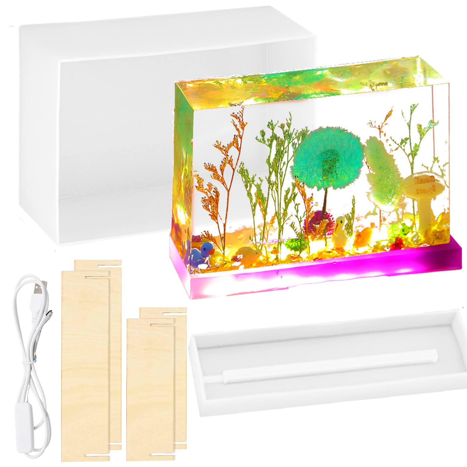 4 Pcs Square Light Resin Silicone Molds Lamp Holder Molds for Flower Preservation with USB Light for DIY Epoxy Resin Casting Craft Desktop Ornaments Table Candle Home Decorations