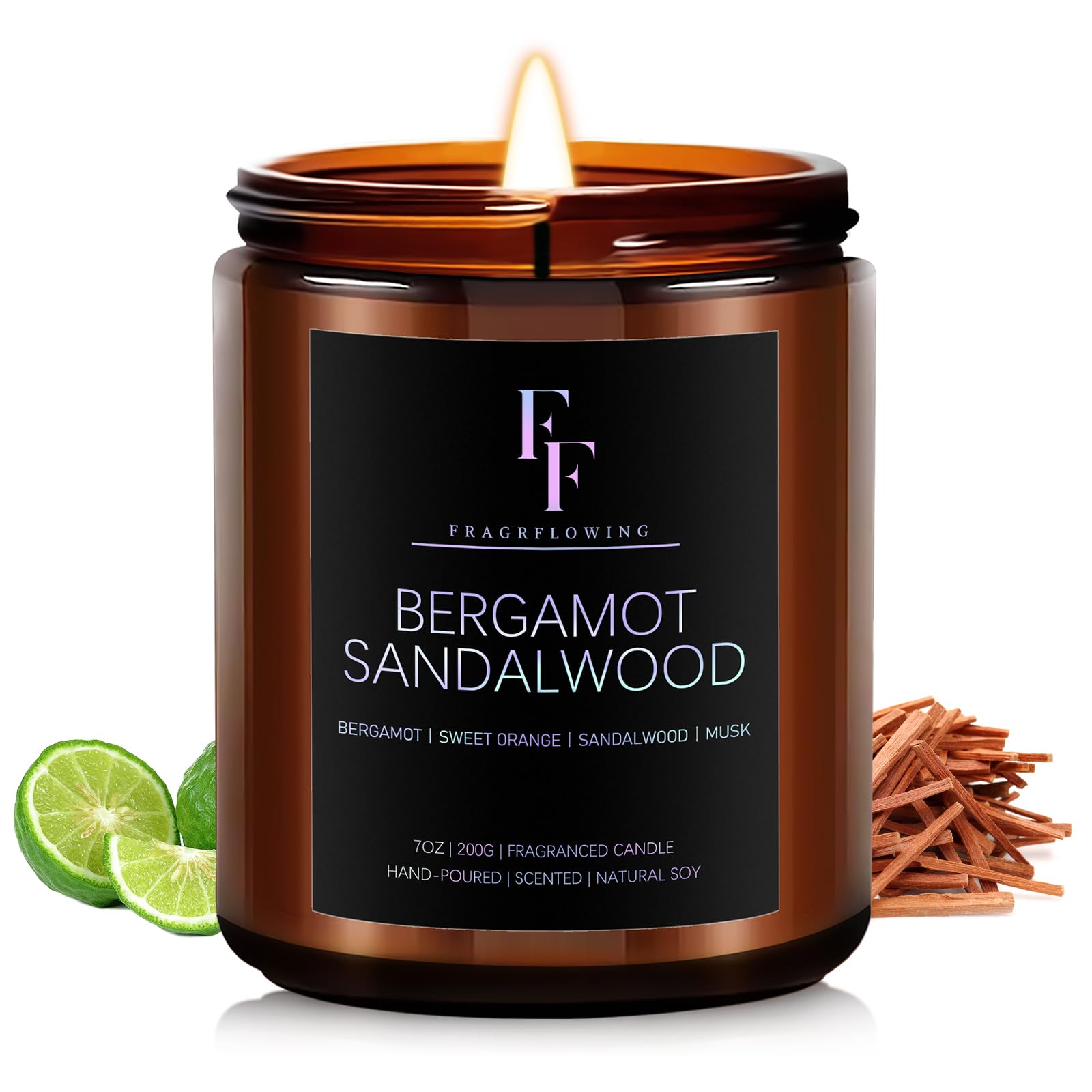 Bergamot Sandalwood Candle, Scented Candle for Home Soy Wax Candle, Aromatherapy Candle Gift for Women Men, 7oz