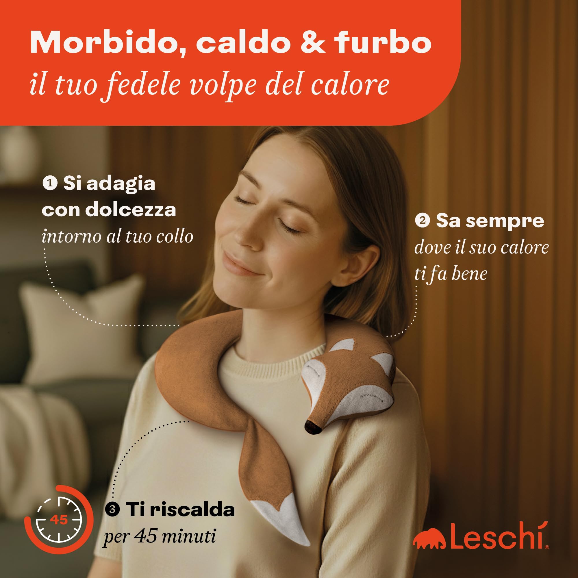LESCHI Cuscino cervicale termico per microonde - 100% cotone e grano biologico - Cuscino riscaldante ideale per sciogliere tensioni a collo, spalle e schiena - Volpe, beige