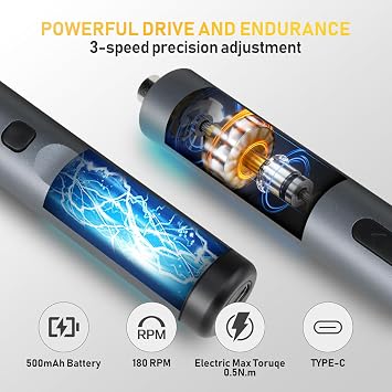 ZOE Mini Electric Screwdriver,50-in-1 Precision Power Screwdriver Set | 3 Torque (Max 0.5Nm),500mAh USB-C,42 S2 Steel Bits,Magnetic Storage,Repair Kit for Phone/Laptop/Camera/Electronics Repair
