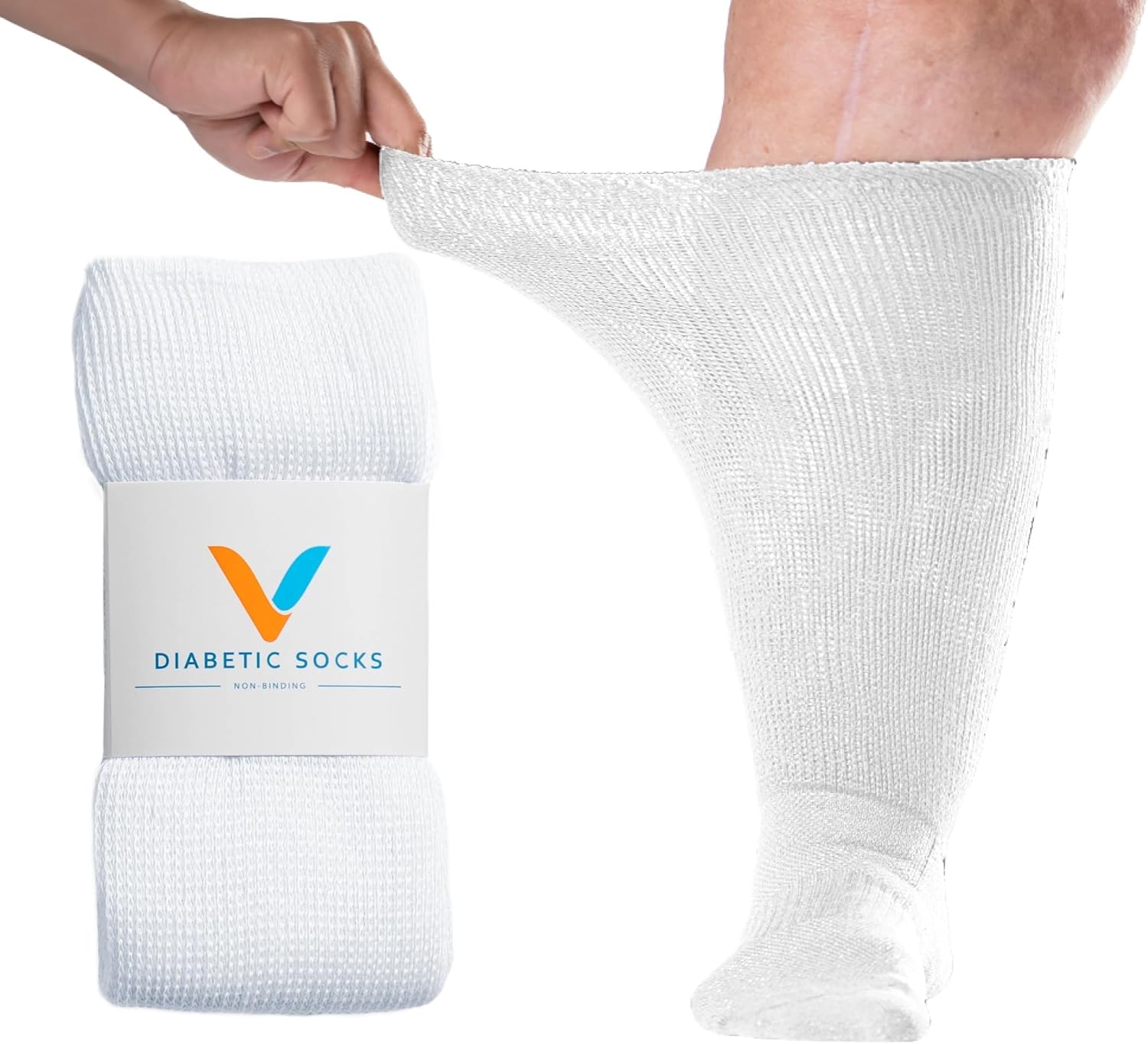 Viasox EasyStretch Diabetic Socks for Men & Women, Non Binding Top, Seamless Toe, Loose Fit (White, Large)