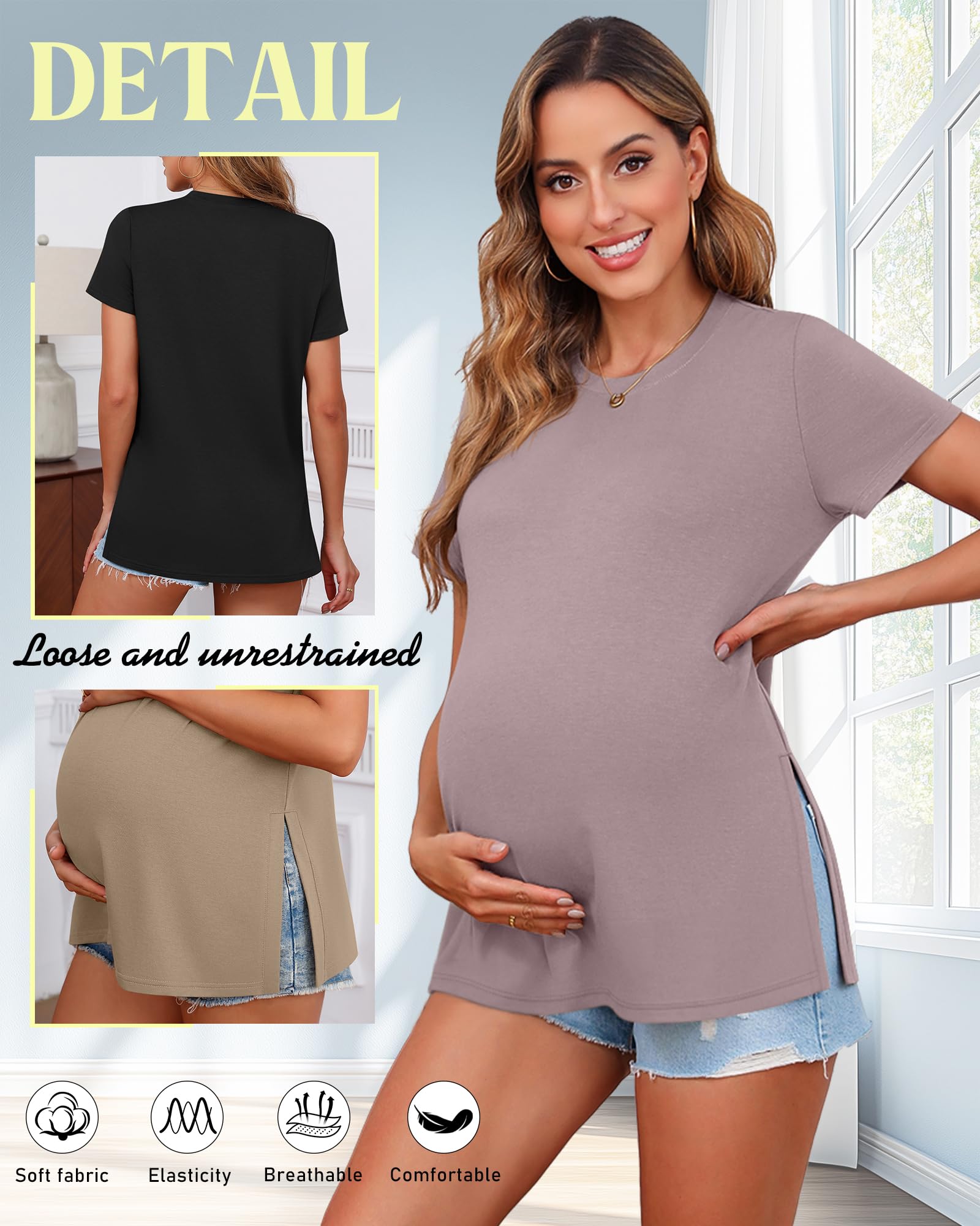 Ficerd Lot de 3 T-Shirts de Maternité pour Femmes Enceintes, Manches Courtes, Fentes Latérales, Col Rond, Vêtements de Maman