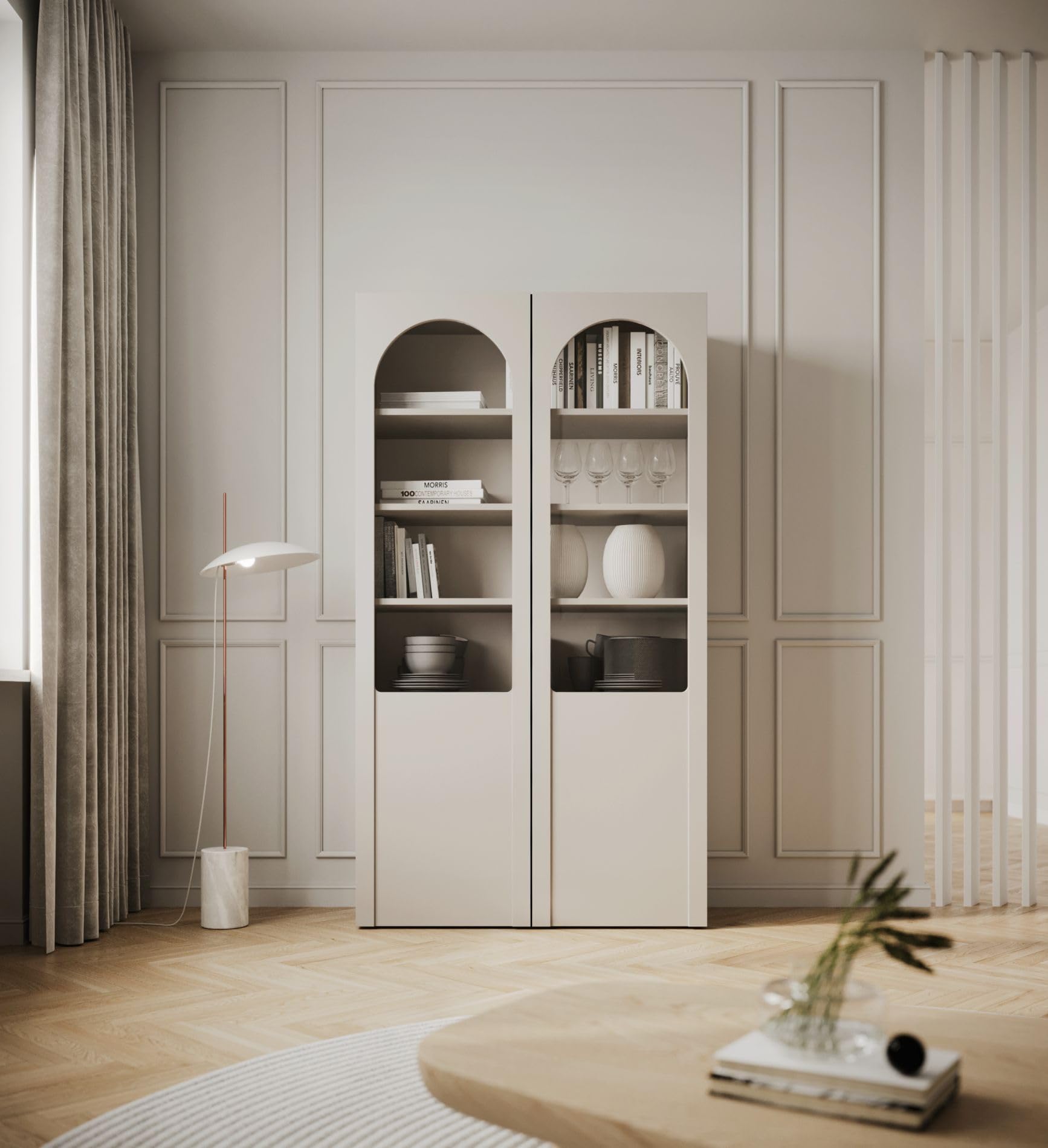 Selsey Glasvitrine Arkadia Zweiflügelige Glas Vitrine in Kaschmir Vitrinenschrank mit Glaseinsätzen 8 Glasböden & 4 Fächer Laminierte Spanplatte Tip-On-System 100 cm Breite Wohnzimmer/Büro
