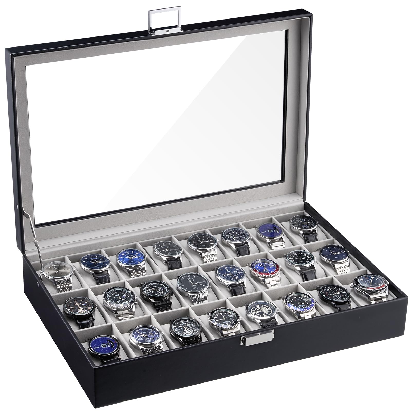 ProCase Boîte à Montres 24 Emplacements, Coffret de Rangement Grande Capacité avec Couvercle en Verre Transparent, Coffret Cadeau Élégant pour Collection de Montres -Noir