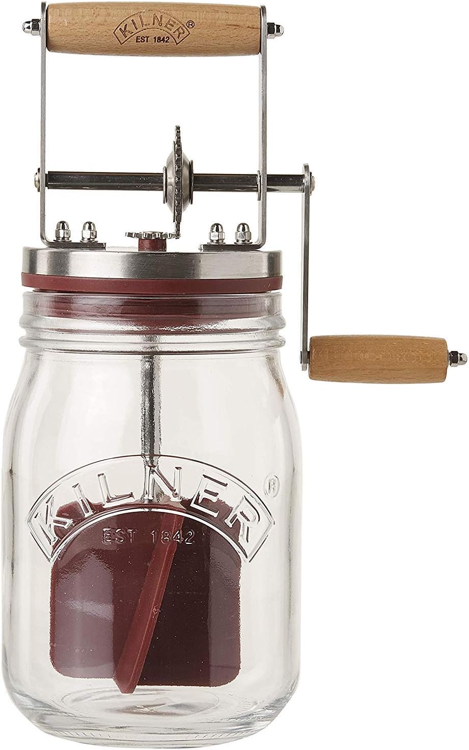 Kilner Premium Airtight Transparent Glass Butter Churner with Hand Crank, Acacia Wood Handle & Stainless Steel Gear - 1000ml | Ideal for Homemade Butter Making