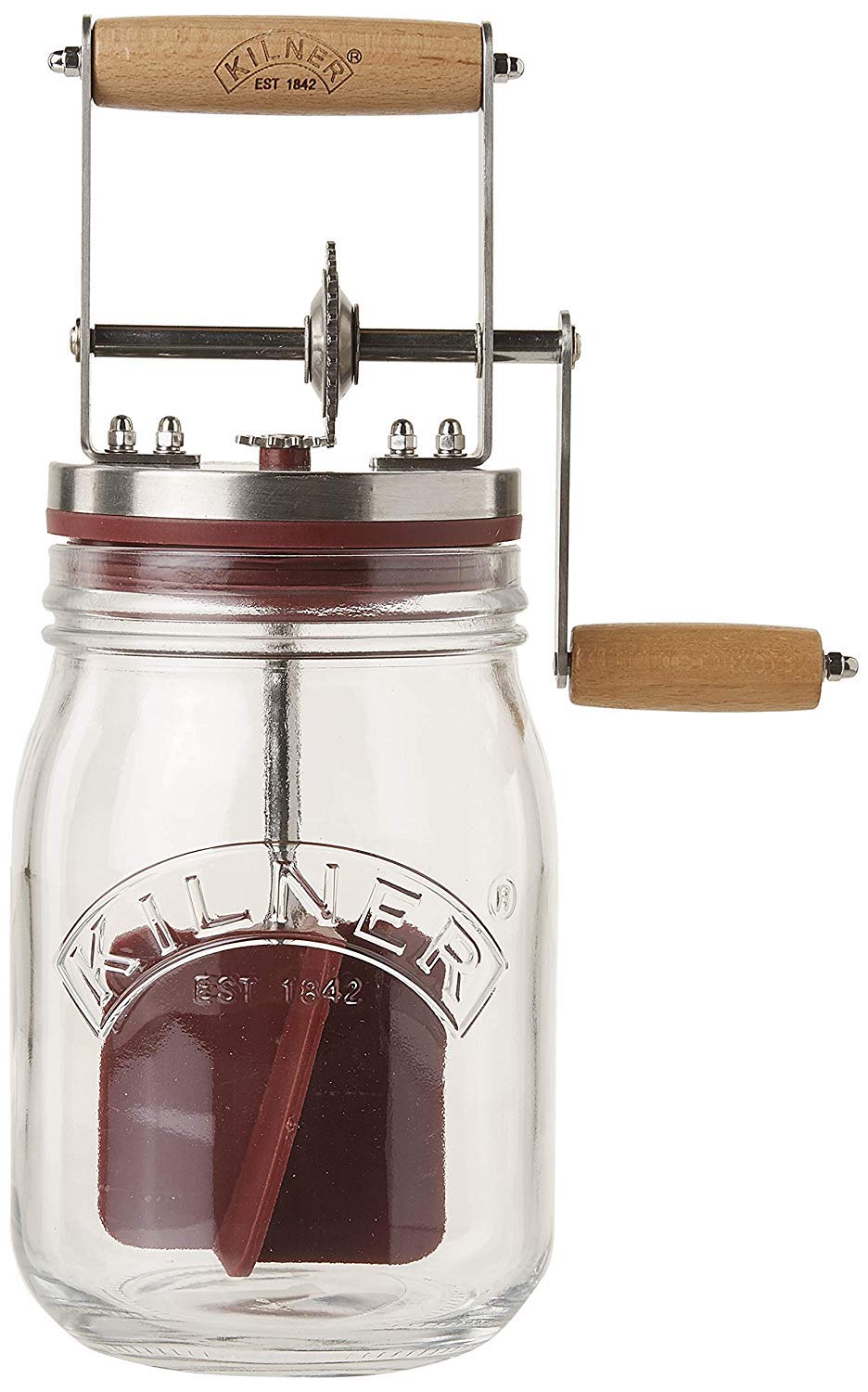 Kilner EST1842 Borosilicate Glass Butter Chruner with Acacia Wooden Handle Shakes Stainless Steel Gear, Hand Crank Mason Jar with Silicone Gasket, 1 Litre, (Transparent)