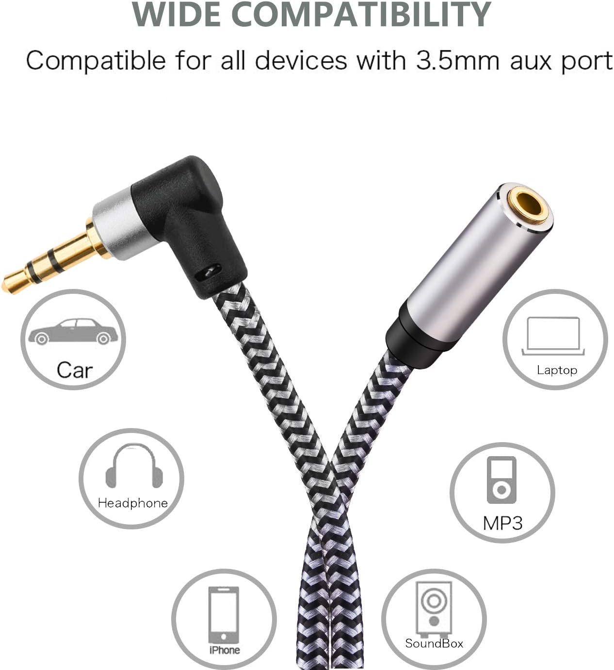 Morelecs Right Angle Aux Extension Cable 30ft 3.5mm 1/8 Aux Stereo Audio Cable Male to Female Stereo Audio Extension Adapter Cable Nylon Braided AUX Cord Compatible Phones, Headphones,Speakers,PC