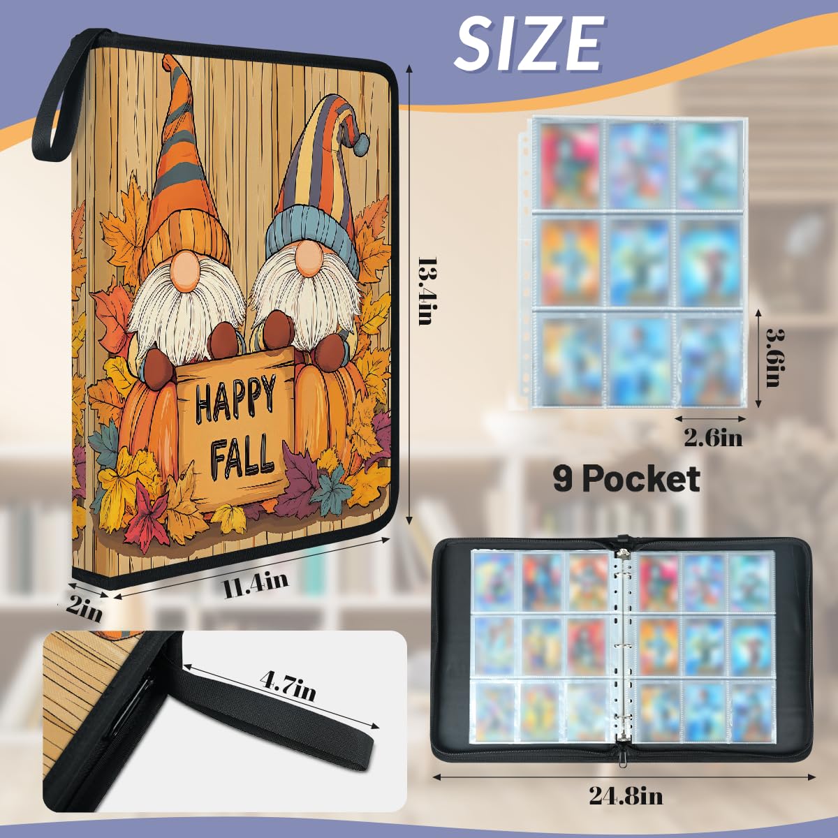 Carpeta de tarjetas coleccionables con 9 bolsillos, diseño de gnomos, hojas de calabazas, hojas de otoño, álbum de tarjetas con fundas extraíbles, impermeable, con cremallera, capacidad para 50