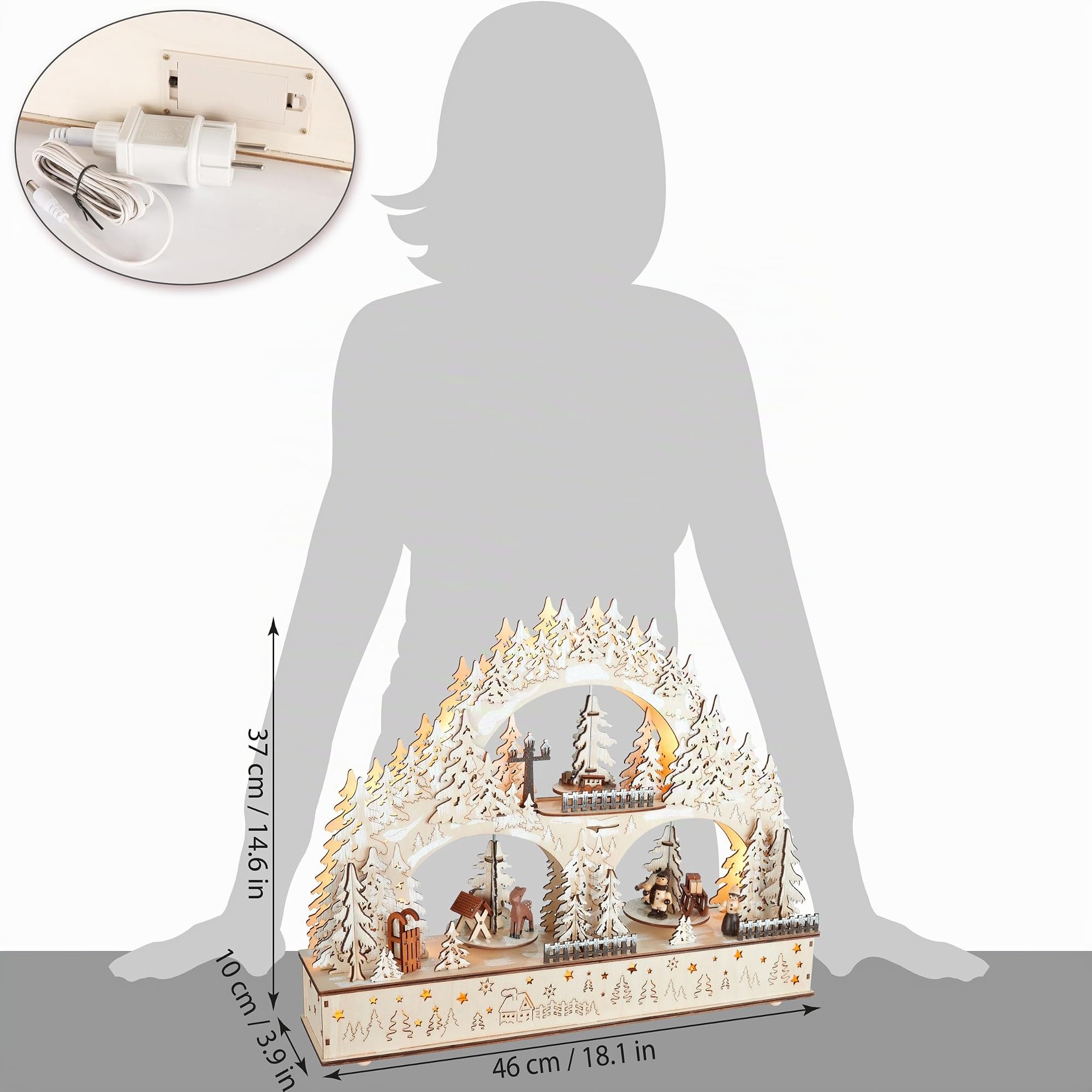 Brubaker 3D Lichterbogen - LED Schwibbogen - Winterlandschaft 2026 - Weihnachtsbeleuchtung aus Holz Natur - 37 x 46 x 10 cm - Handbemalte Figuren - Weihnachtsdeko für Tisch & Fenster