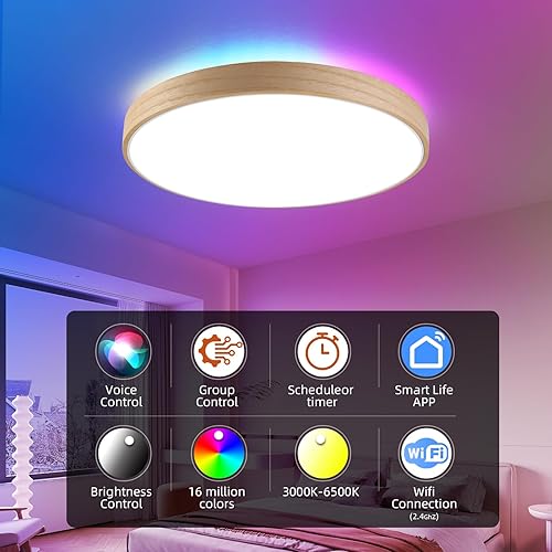 Miniatura 3 de HOREVO Lámpara de techo LED WiFi inteligente con control remoto, AlexaGoogle Home, lámpara de techo RGB regulable que cambia de color (2700K-6500K),