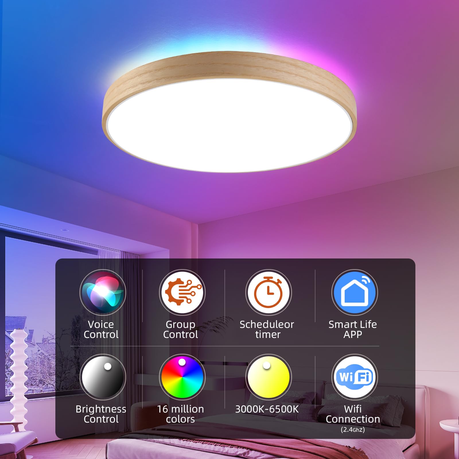 Plafoniera LED Smart WIFI, Luce LED Dimmerabile con Alexa Google Home, Plafoniera da 12 Pollici 28W RGB a Colori Variabili con Telecomando, Luce in Legno Naturale per Camera da Letto