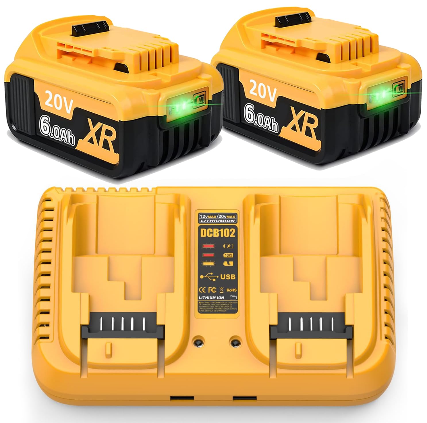 Lot de 2 Batteries de Rechange Li-ION pour Dewalt 18 V 6,0 Ah / 60 000 mAh 20 V + Double Chargeur 4 A DCB182 DCB200 DCB184 DCB101 DCB107 DCB112 DCB105 DCB115 DCB203