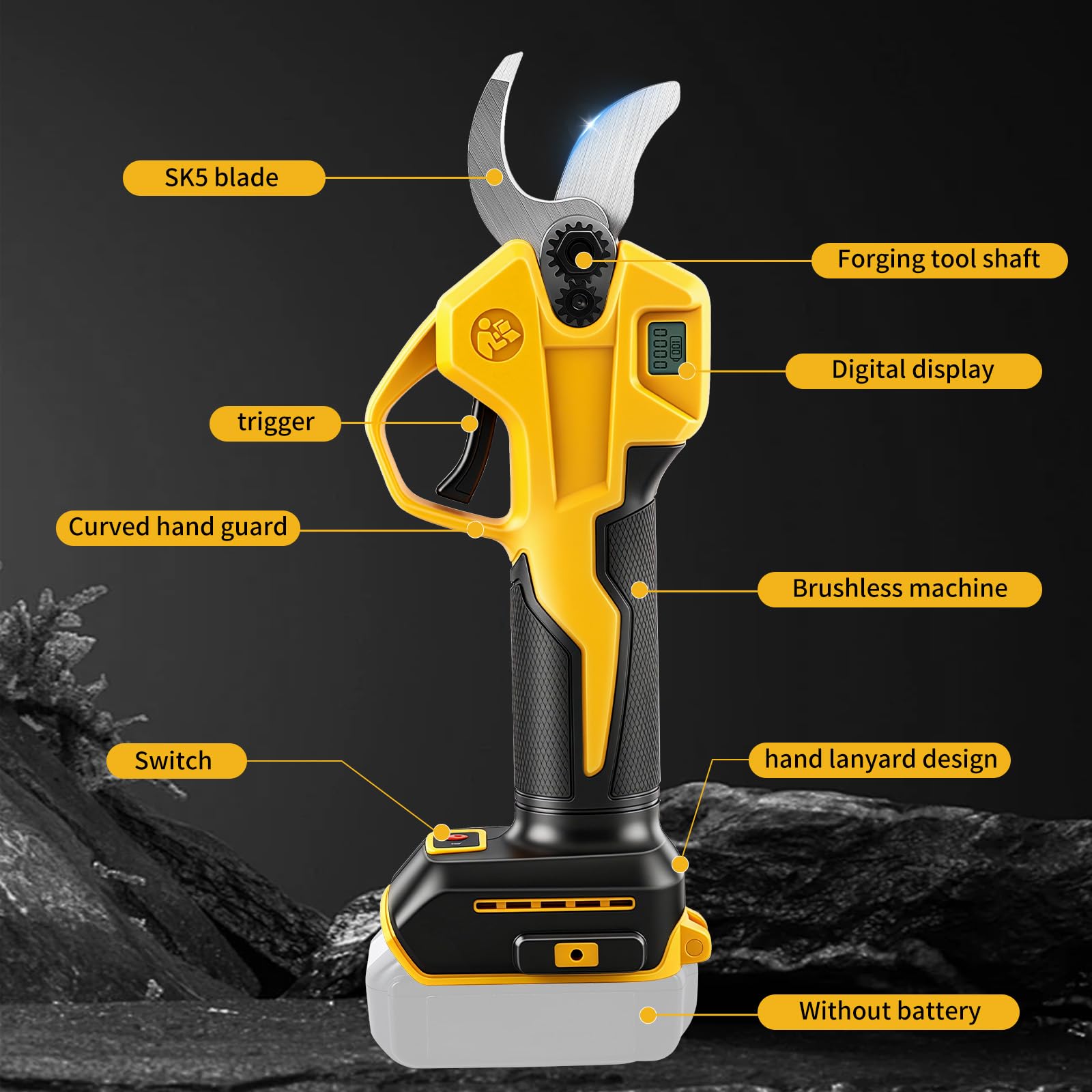 Sécateur à batterie Roadtime, compatible avec Dewalt 20V, sécateur sans balais à 2 vitesses, affichage numérique, diamètre de coupe 30 mm, lames de rechange et boîte en plastique