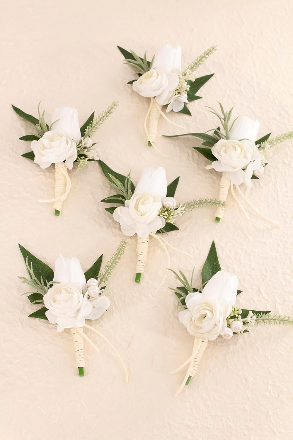 Set of 6 White Boutonniere for Men Wedding Groom Groomsmen Artificial Tulip Rose Flowers Boutonniere for Prom Homecoming Ceremony Anniversary Formal Dinner Party