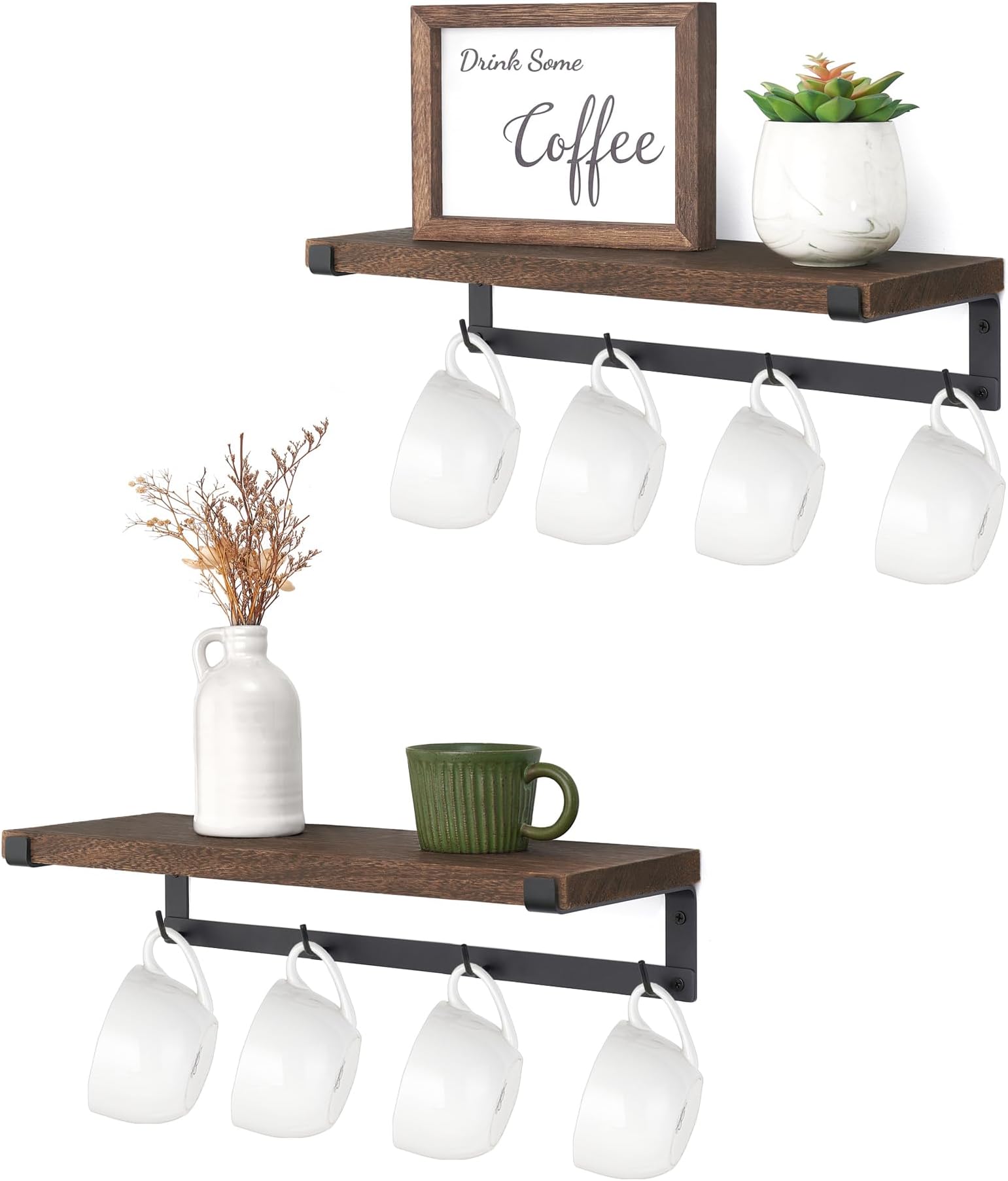 Dahey Mug Holder Wall Mounted Mug Rack with Hooks, Set of 2, Storage Rustic Floating Shelf Coffee Bar Accessories Wood Coffee Cup Hanger for Organizing Cooking Utensil Home Kitchen Decor, Brown