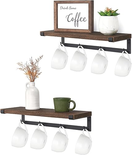Dahey Soporte para tazas montado en la pared con ganchos, juego de 2, estante flotante rústico de almacenamiento, accesorios de barra de café,