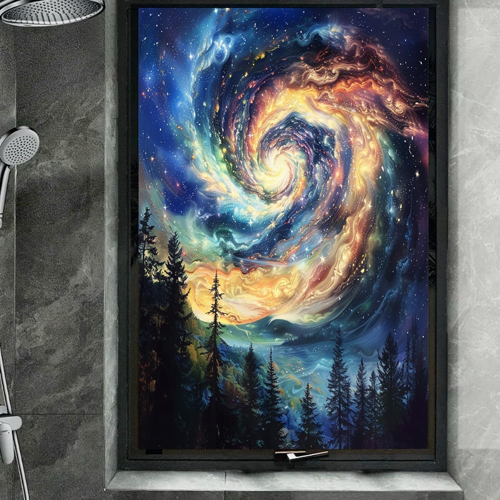 Starry Sky Pinewoods Privacy Window Film, Abstract Colorful Galaxy Landscape Frosted Self-Adhesive Vinyl Cling for Glass Doors Bathroom Windows Sun Blocking Heat Control, 23.6Wx35.4L inch
