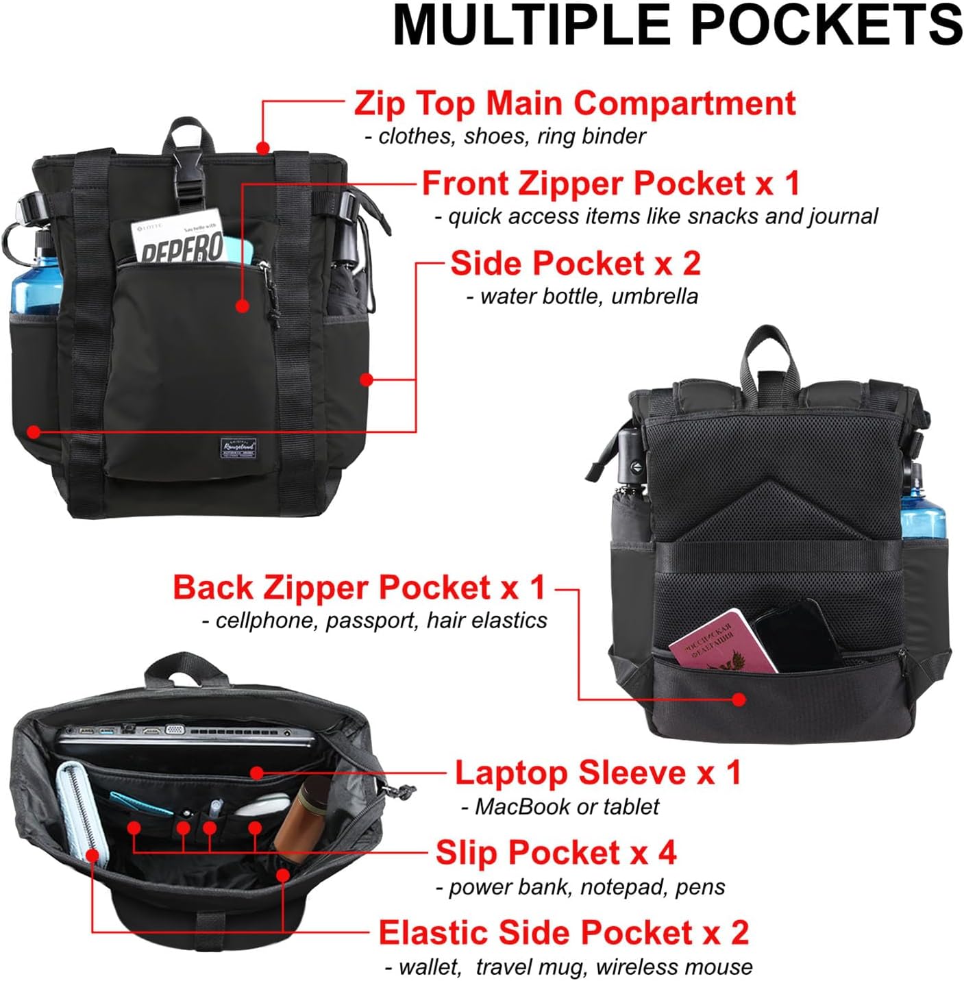 Unisex Laptop Tote Backpack Convertible Lightweight Nylon Water-Resistant Everyday Shoulder Tote bag Backpack with Water Bottle Pocket Work Travel, All Black