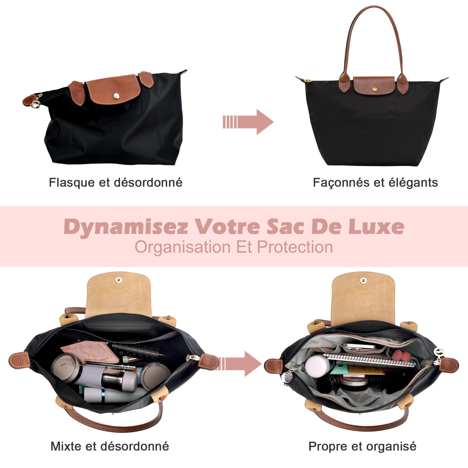 GADITIEK Organisateur Sac à Main Polyester avec Fermeture Multi Poches pour Longchamp Sac Pliage Femmes Beige L