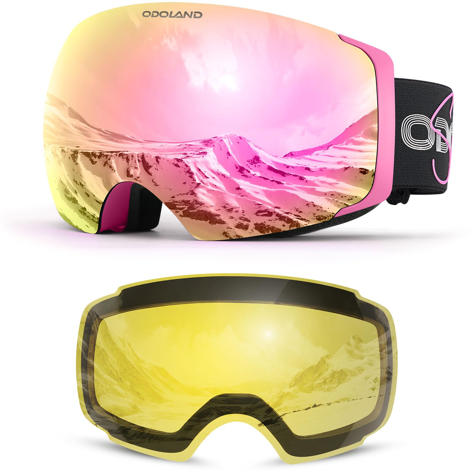 Odoland Occhiali da sci unisex per uomo e donna ragazzi occhiali da snowboard senza montatura con vetro magnetico intercambiabile protezione UV anti-nebbia occhiali da neve compatibili con casco per