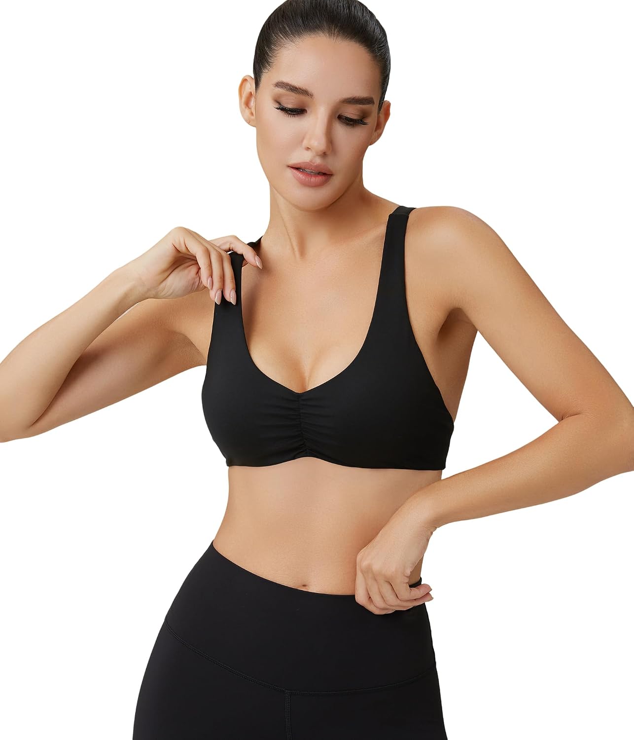 Women’s Criss Cross Back Sports Bra – Ruched Front Workout Bra Top, Padded Low to Medium Impact Yoga Bra