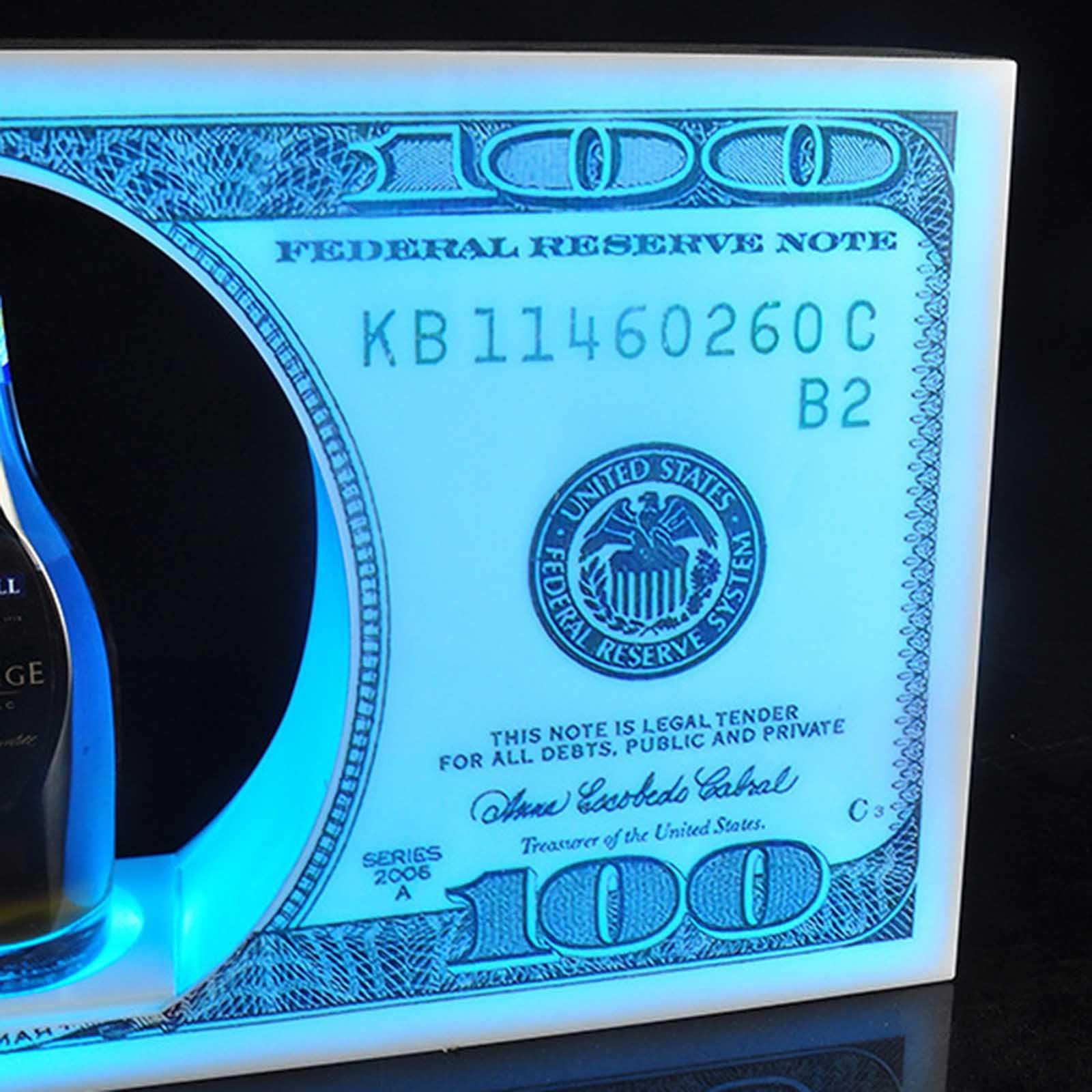 Espositore luminoso ricaricabile per bottiglie di champagne con aspetto da 100 banconote, per discoteca, villa, festa privata e ricevimento VIP