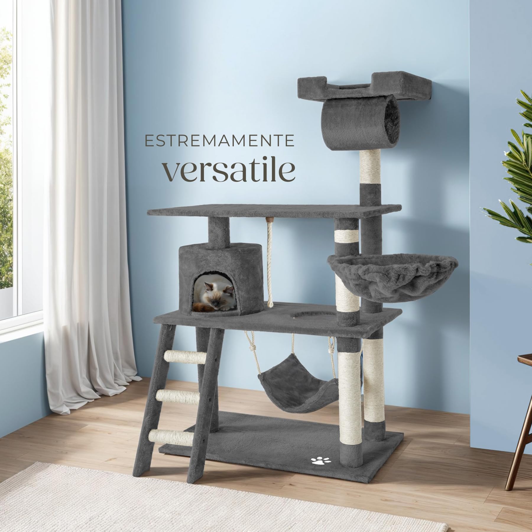 tectake® Tiragraffi per Gatti, Multifunzionale, Tiragraffi Gatto con Amaca, Albero per Gatti con Piattaforme Elevate e Colonne in Sisal, Albero Gatti Ideale per Gioco e Relax - Grigio