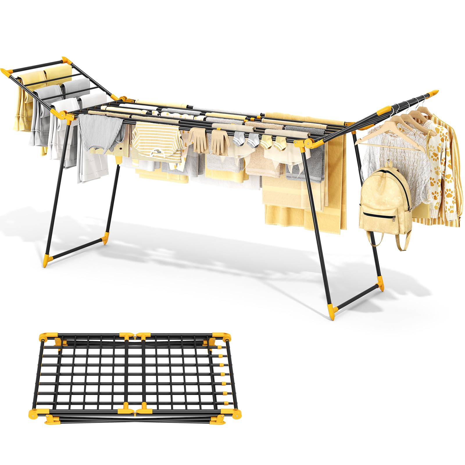 Clothes Dryer Large Clothes Airer Extendable Foldable Metal Drying Rack for Bedding, Towels, Sweaters, Heavy Duty for Indoor and Outdoor Use, No Assembly Required (Yellow)