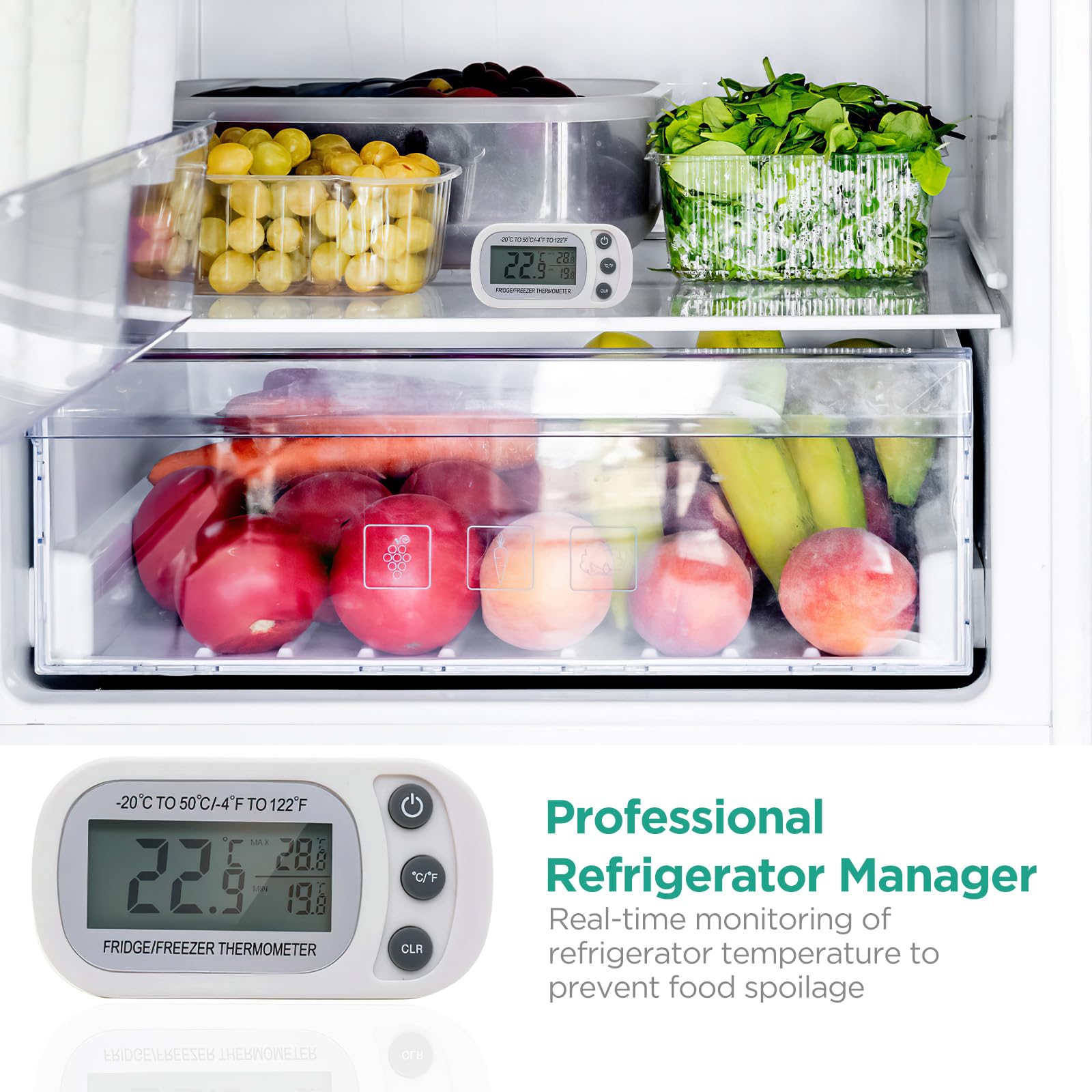 Thermomètre de Réfrigérateur, Thermomètre à Congélateur Numérique avec Crochet, Écran LCD Facile à Lire, Adapté aux Cuisines, Restaurants, Bars, Cafés