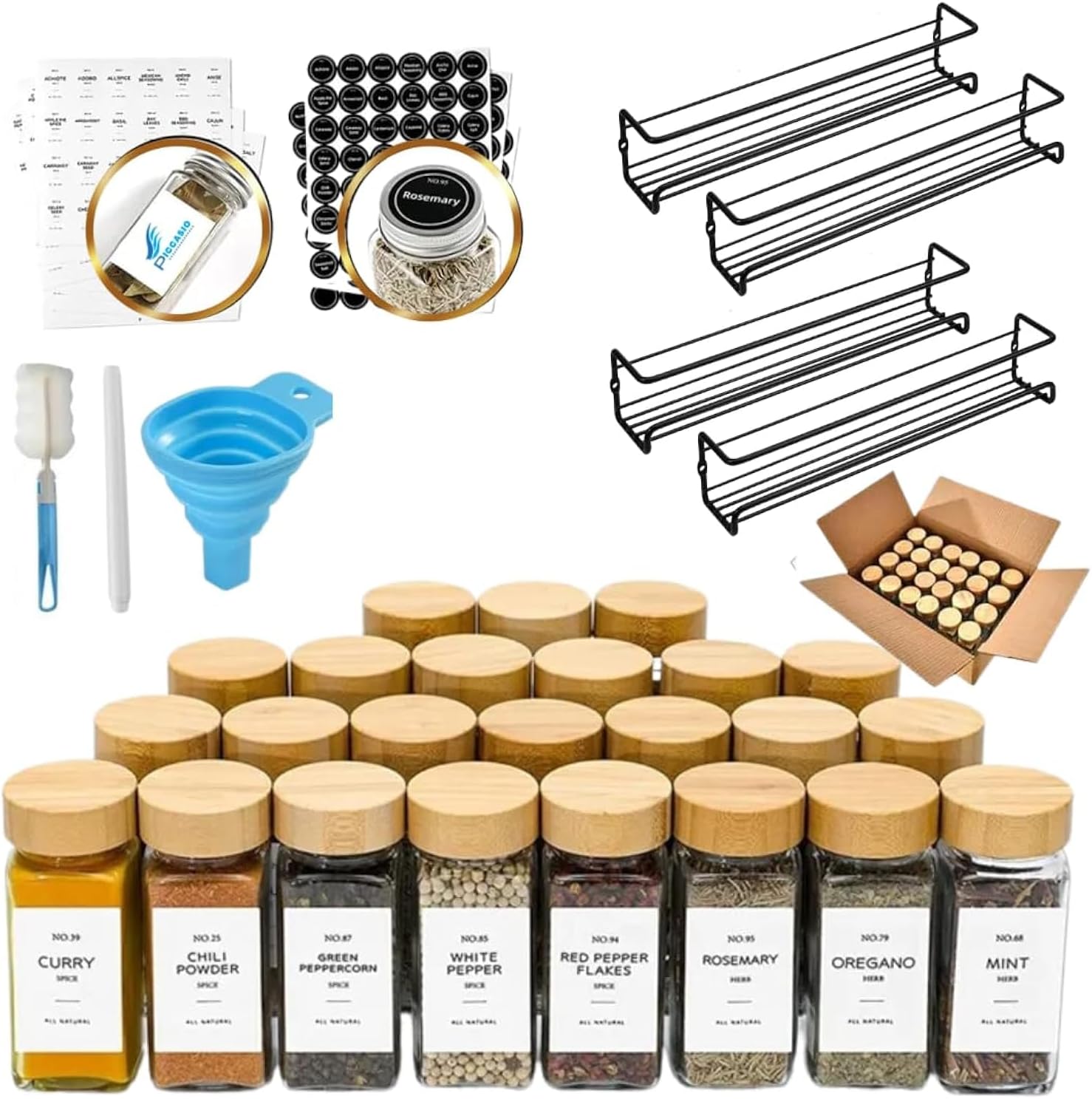 piccasio SPICE RACKS WITH 24PCS Spice Jars with Airtight Lids extensively useful Spice Containers with Labels and Spice RACK ORGANIZER Kitchen Jars for Tea, Sugar, Salt, Coffee.(4 oz)