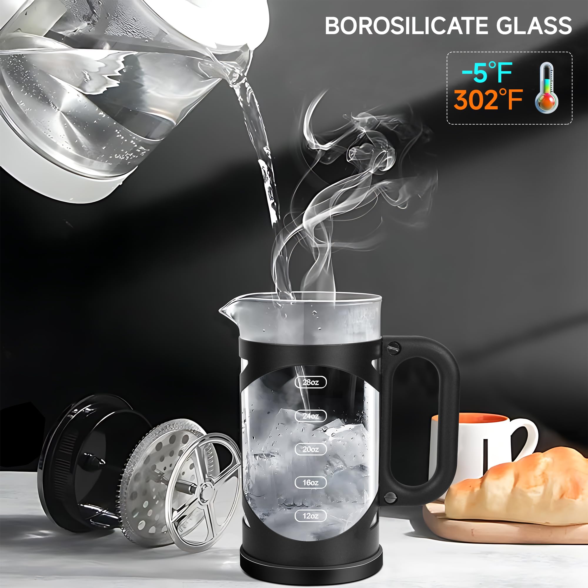 YMMIND Cafetera de prensa francesa de 34 onzas, prensa de café de acero inoxidable negro, con sistema de filtro de 4 niveles, vidrio de borosilicato de grosor resistente al calor, cafetera preparada