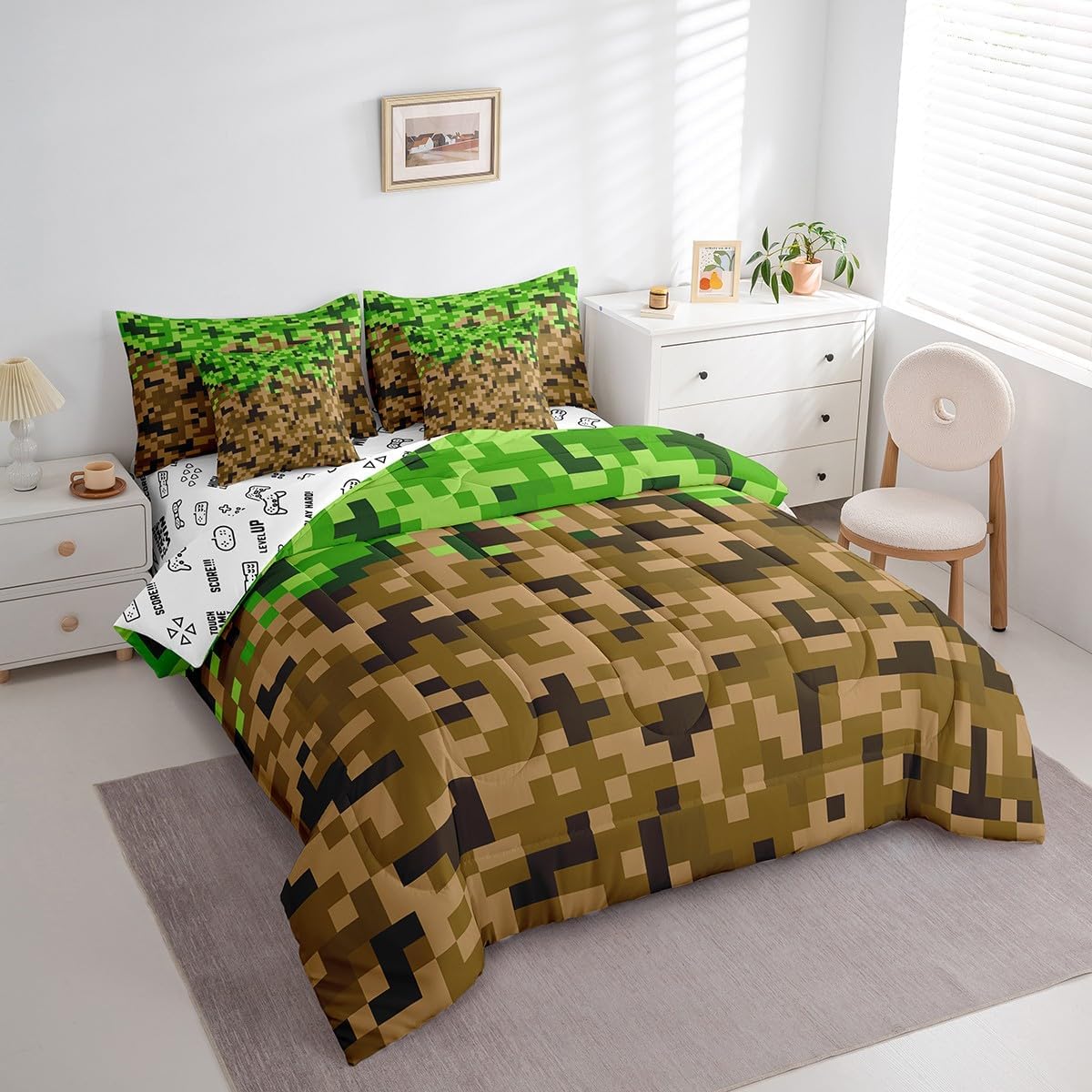 Miner Style Square Grid 7Pcs Comforter Set Queen Size,Brown Green Army Camo Bedding Set for Kids Boys Teens Men Room Decor,Cartoon Gamepad Reversible Bed in a Bag Pixelated Games Flat Fitted Sheet