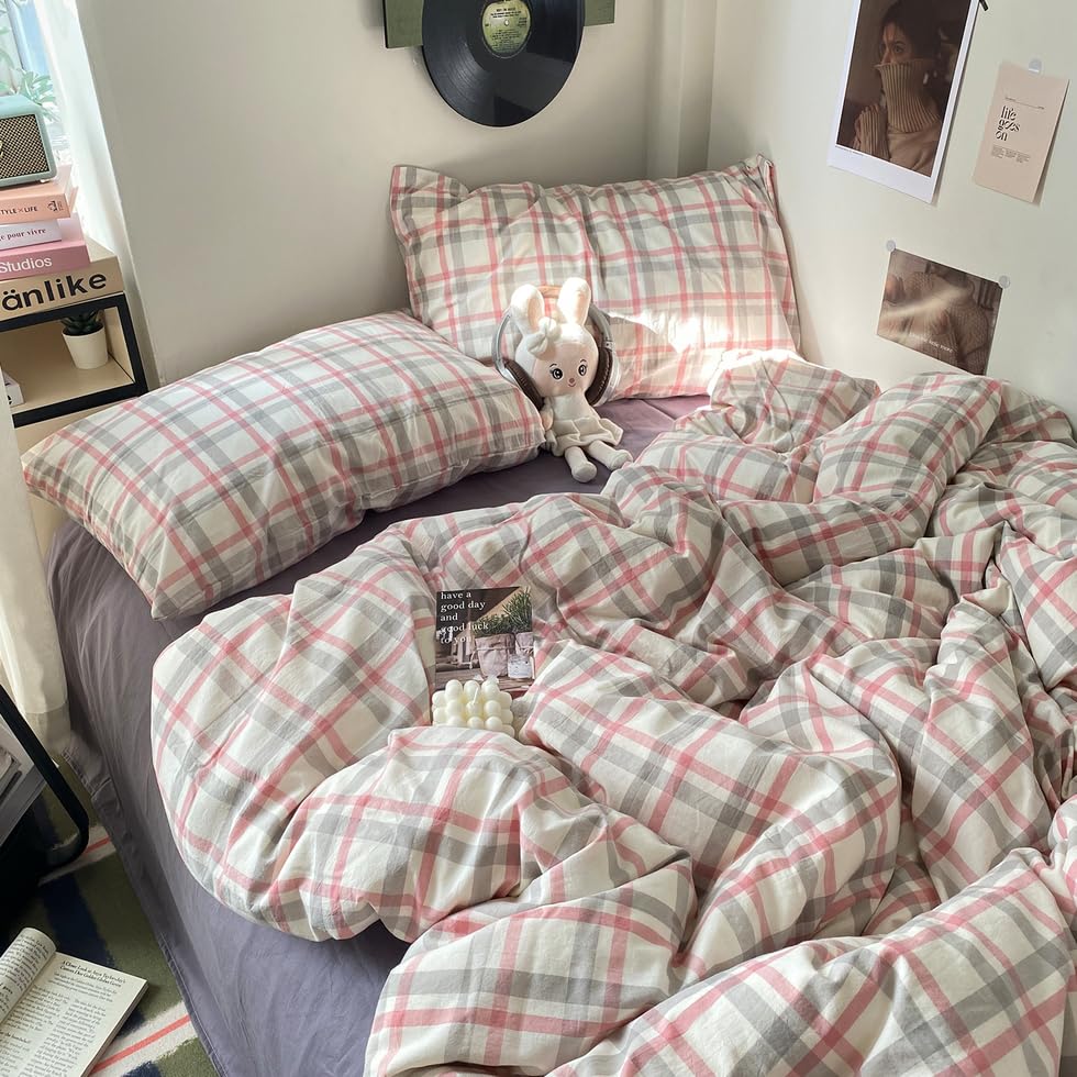 Image of EAVD Vintage Style Plaid Duvet Cover Queen Grey Pink Grid Soft 100% Washed Cotton Reversible Bedding Set Farmhouse Grid Checkered Bedding Set with 2 Pillowcases Modern Gingham Duvet Cover with Zipper