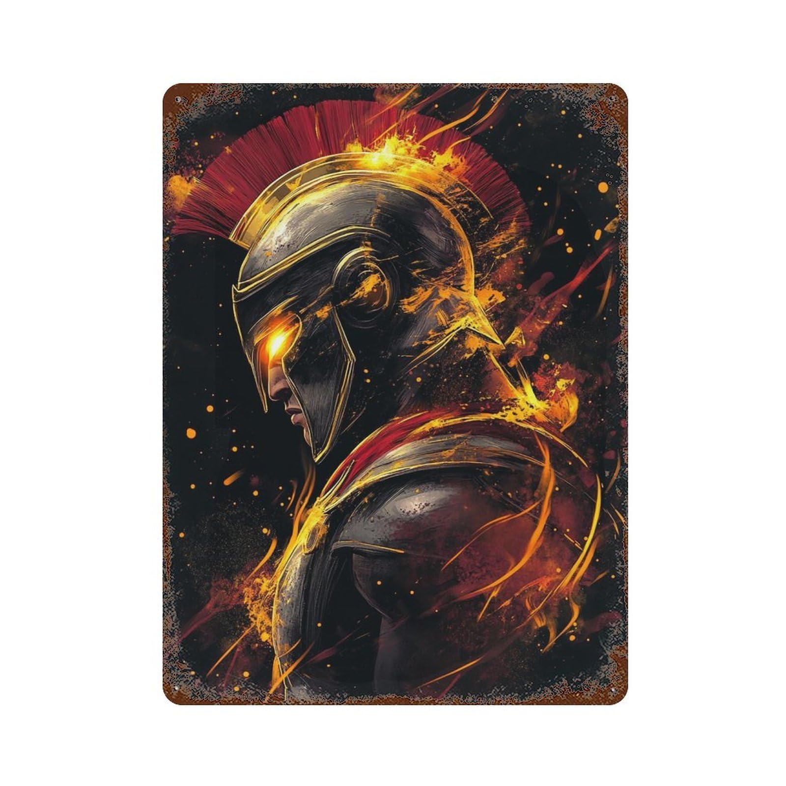 Rust Effect Tin Sign with Gladiator Armor Painting Design 15.7"x11.8", for Pub, Kitchen And Man Cave Decor, Industrial Home Decor