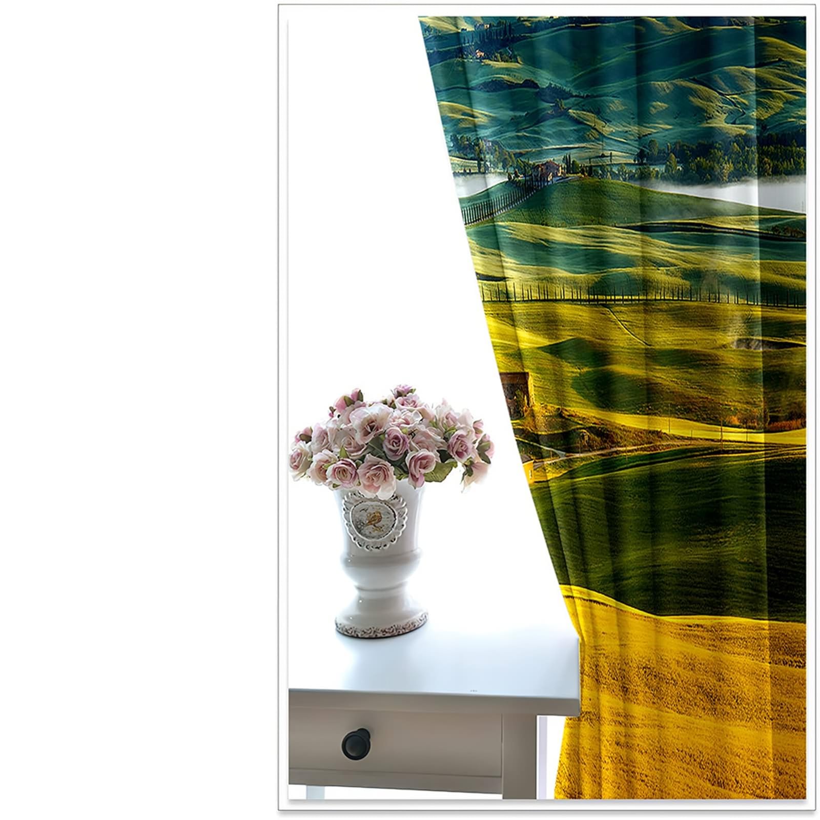 Vorhänge mit Ösen 2er Set, Gardinen Blickdicht Hügel Grasland und Häuser H 160 x B 96 cm Wohnzimmer Verdunklungsvorhänge