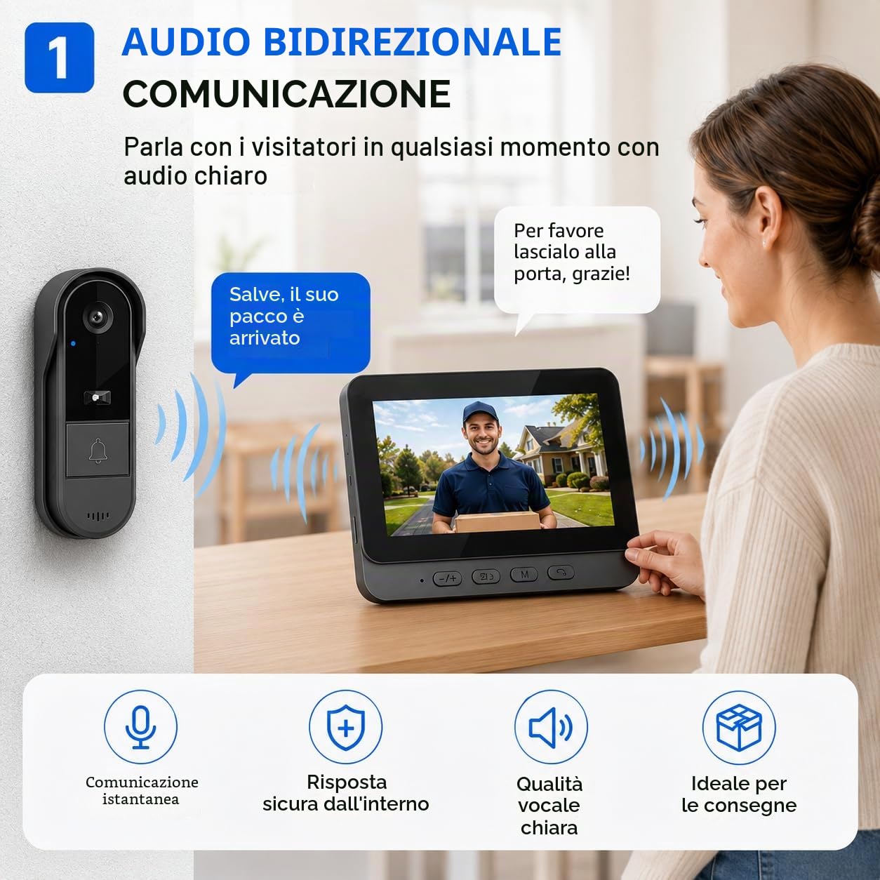 Winnes Video Campanello Videocitofono senza Fili da Esterno Smart Video Citofono Wireless Doorbell Impermeabile IP67 con Telecamera 1080P 4,3 Pollici Display 170° Ultra Grandangolo,Nessun APP&WiFi