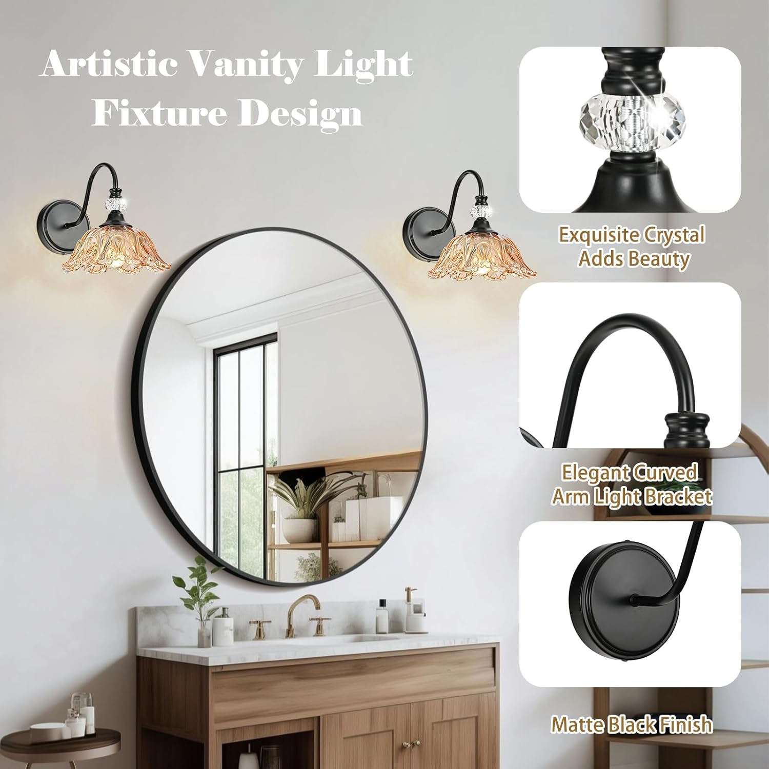 Black Wall Sconces with Floral Amber Glass Shades, Black Farmhouse Wall Mount Lighting for Bathroom,Vintage Bathroom Vanity Light Fixtures