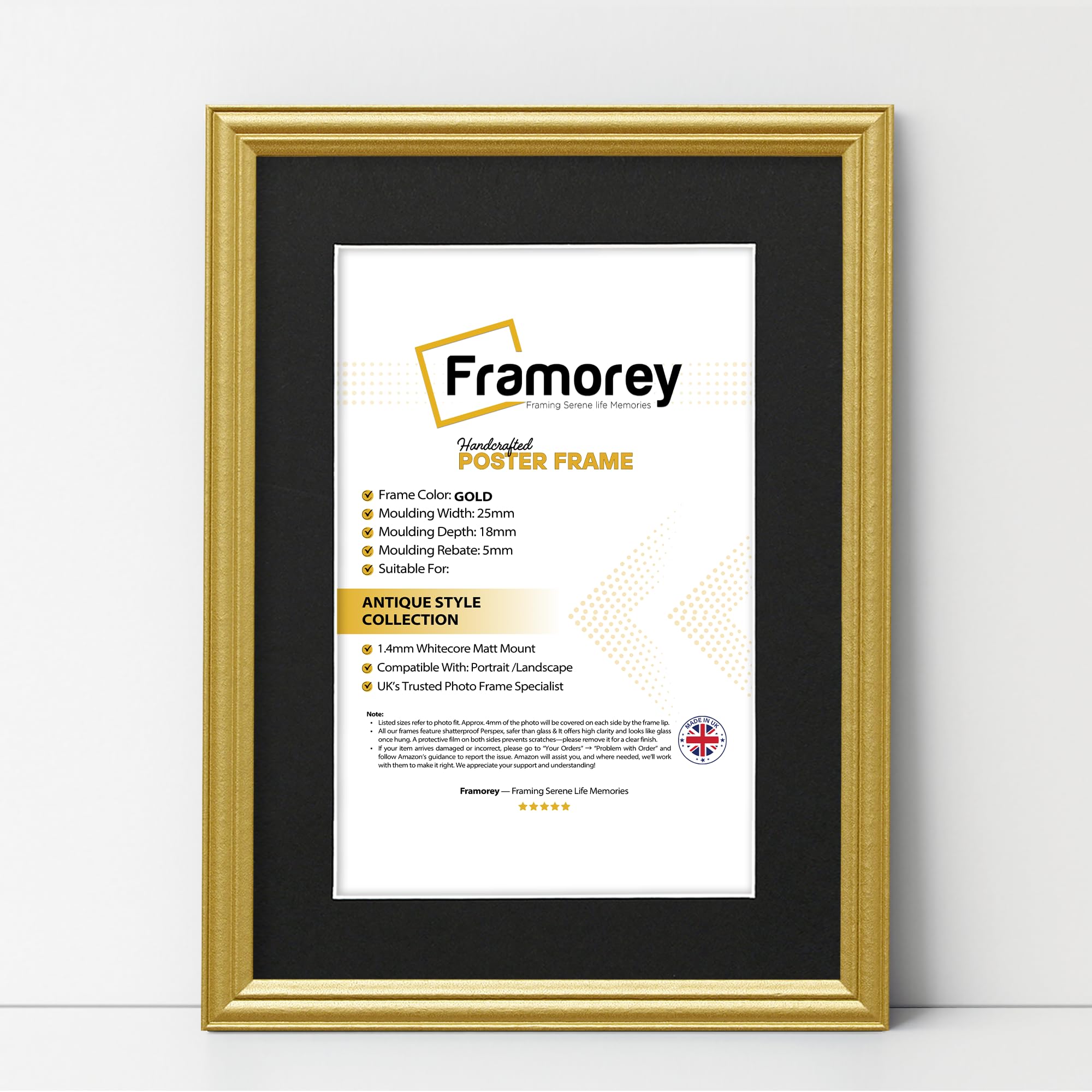 Framorey Framing Serene Life Memories Gold With Black Mount Framorey Lw Antique Style Photo Frames 12X8" Size Gold Picture Frame With 10X6" Size Black Mount, Modern Art Picture Frames, Wall Hanging Poster Frame, Photo Print Frames