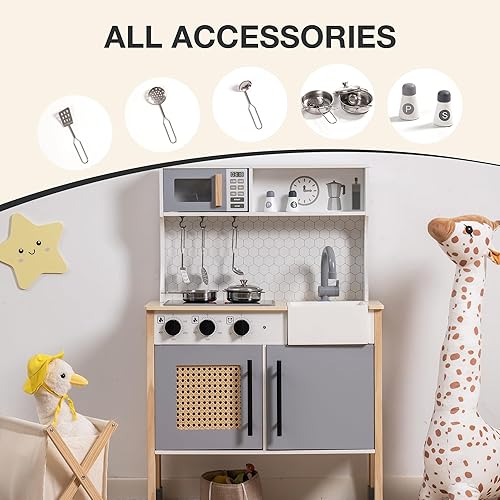 Miniatura 7 de ROBOTIME Juego de cocina de madera, juego de cocina para niños y niños pequeños, juego de cocina para niños con luces y sonidos, cocina de juguete