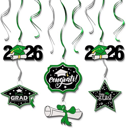 LINGTEER Congrats Grad 2025 - Serpentinas de remolinos – 12 piezas de clase de 2025 para escuela/hogar, fiesta de graduación, espirales colgantes,