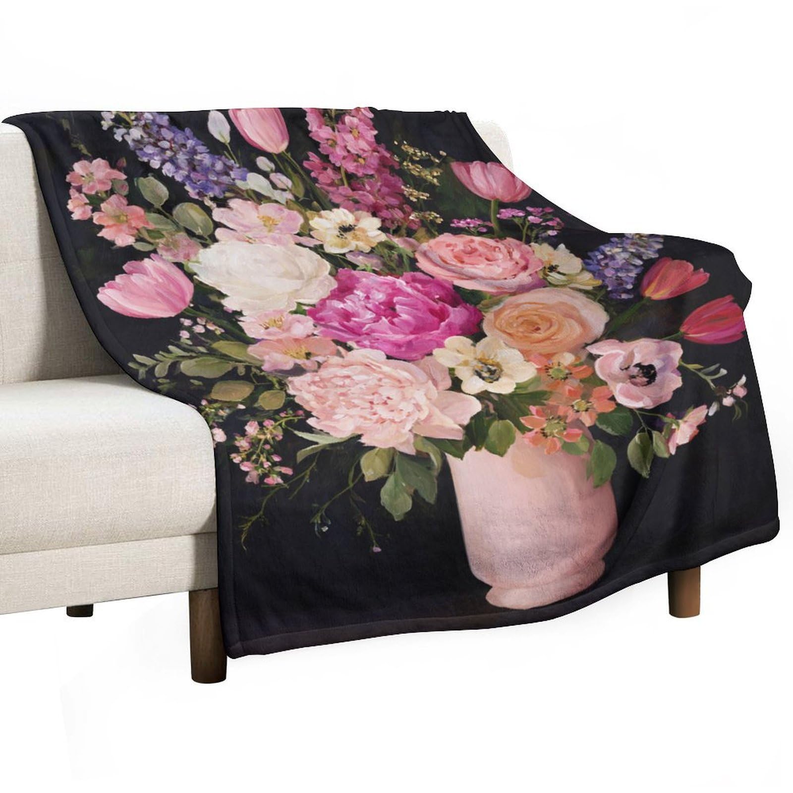 Couverture pour lit et canapé motif pivoines et roses pour déco de salon