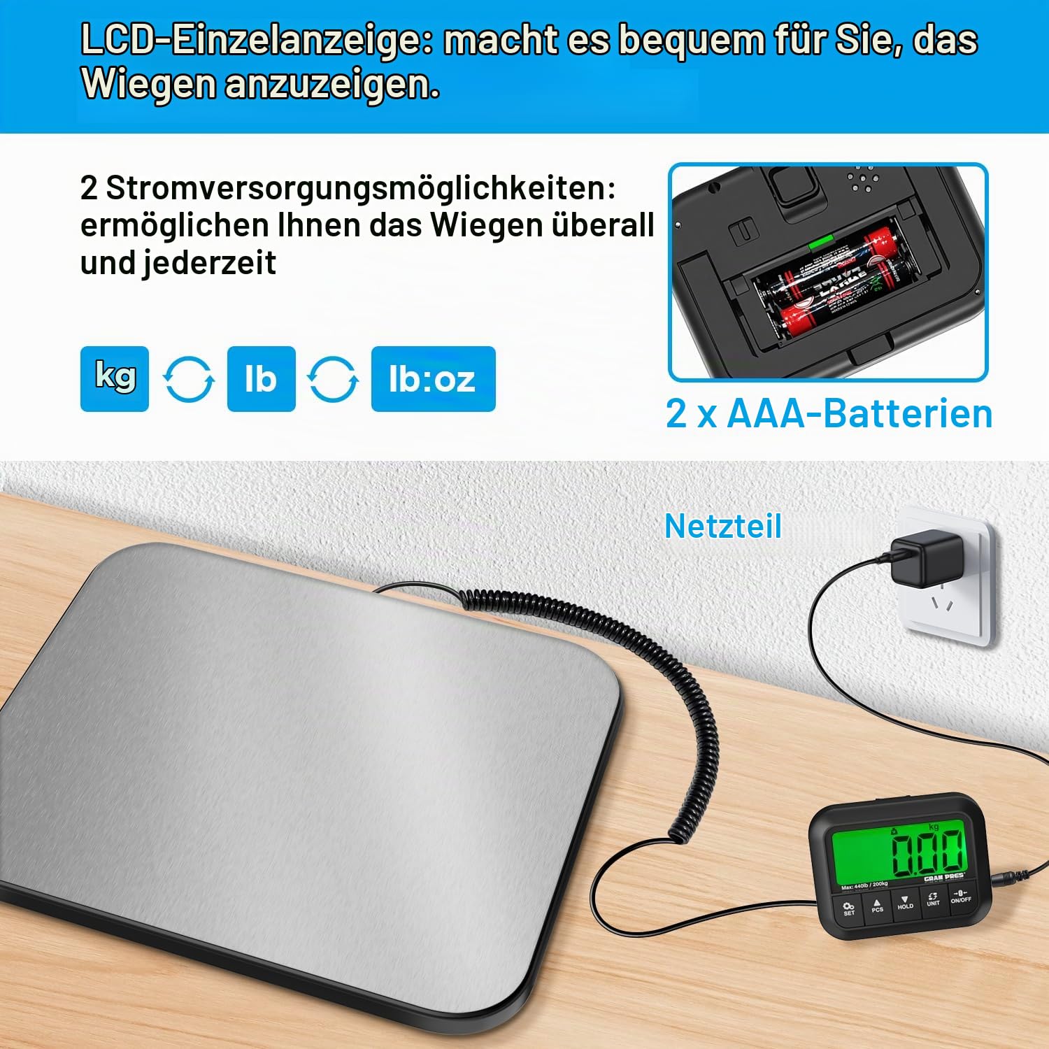 GRAM PRES Versandwaage, 440 lbs/10g Hochpräzise Postwaage | mit Hold/Tare/Pcs, Digitale Briefwaage mit LCD-Display für Pakete/Gepäck/Postamt/Hund, inkl. Batterie & USB-Kabel